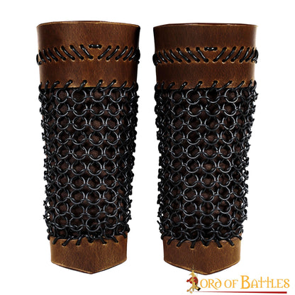 Brazales de Cuero Marrón y Cota de Malla - Guardabrazos Artesanales - Par de Brazaletes Protectores Medievales - Imagen 11