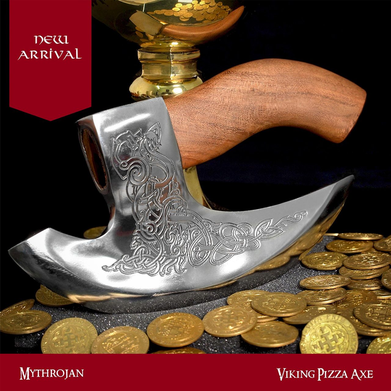 Mythrojan Hacha Vikinga para Pizza - Cortador de Pizza de Acero Inoxidable Forjado a Mano con Mango de Acacia Maciza y Funda de Cuero - Grabado Celta - Caja de Regalo - Imagen 11