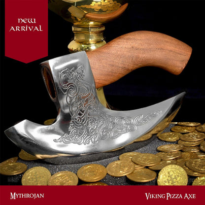 Mythrojan Hacha Vikinga para Pizza - Cortador de Pizza de Acero Inoxidable Forjado a Mano con Mango de Acacia Maciza y Funda de Cuero - Grabado Celta - Caja de Regalo - Imagen 11