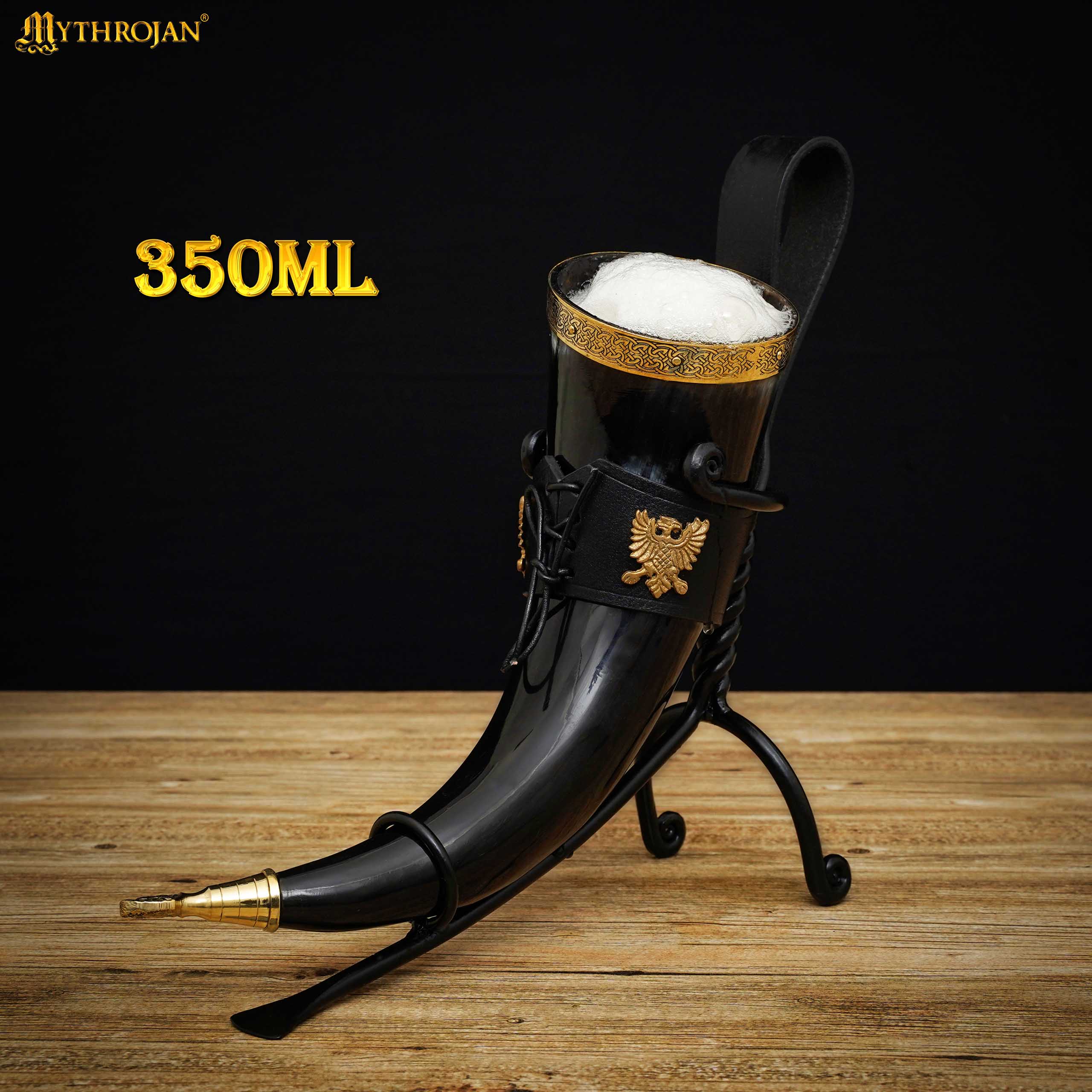 Mythrojan The Bird Of Prey Viking Drinking Horn 350 Ml con Soporte de Cuero Negro Auténtica Jarra de Vino/cerveza Vikinga de Inspiración Medieval - Acabado Pulido - Imagen 3