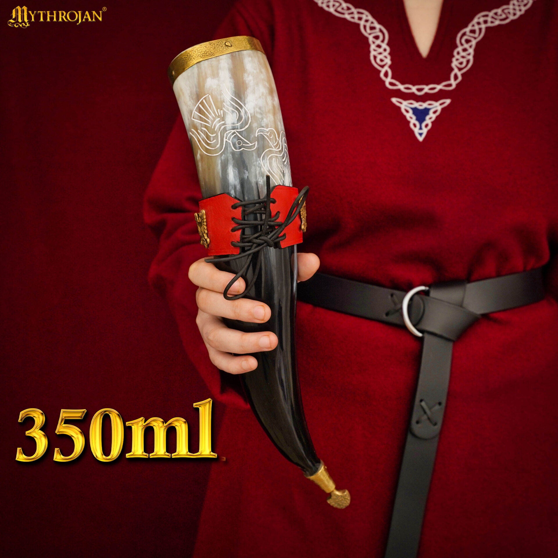 Mythrojan The Bird Of Prey Viking Drinking Horn 350 Ml con Soporte de Cuero Rojo Auténtica Jarra de Vino/cerveza Vikinga de Inspiración Medieval - Acabado Pulido - Imagen 3