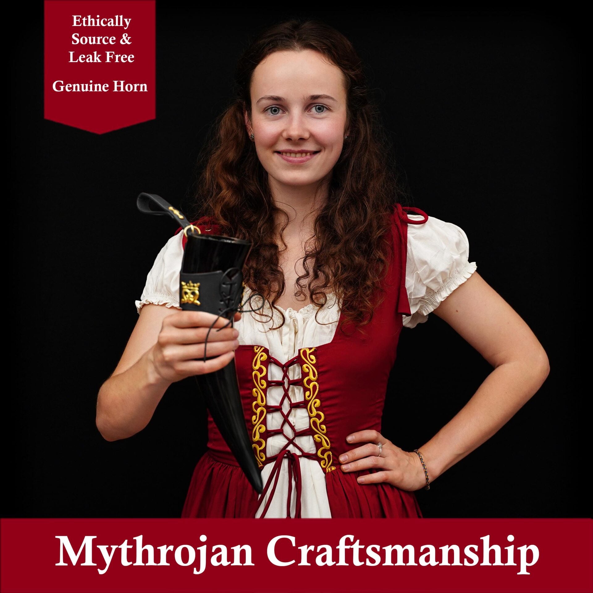 Mythrojan The Elegant Lady Cuerno Vikingo para Beber con Soporte de Cuero Negro Auténtica Taza Vikinga Inspirada en la Edad Media - Acabado Pulido - Imagen 3