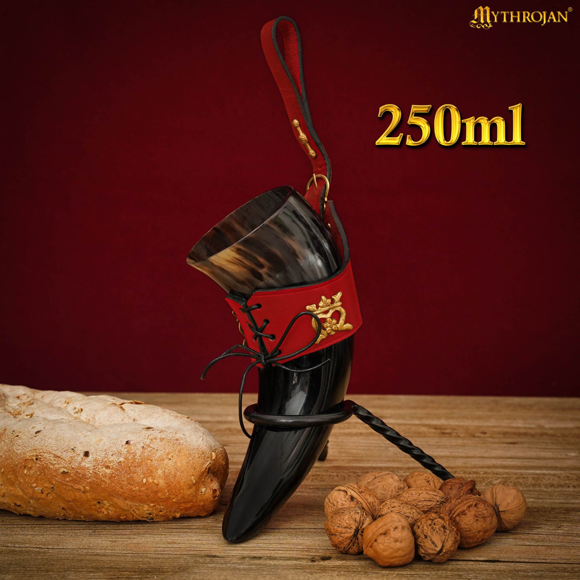 Mythrojan The Elegant Lady 250 Ml Cuerno Vikingo para Beber con Soporte de Cuero Rojo - Imagen 3