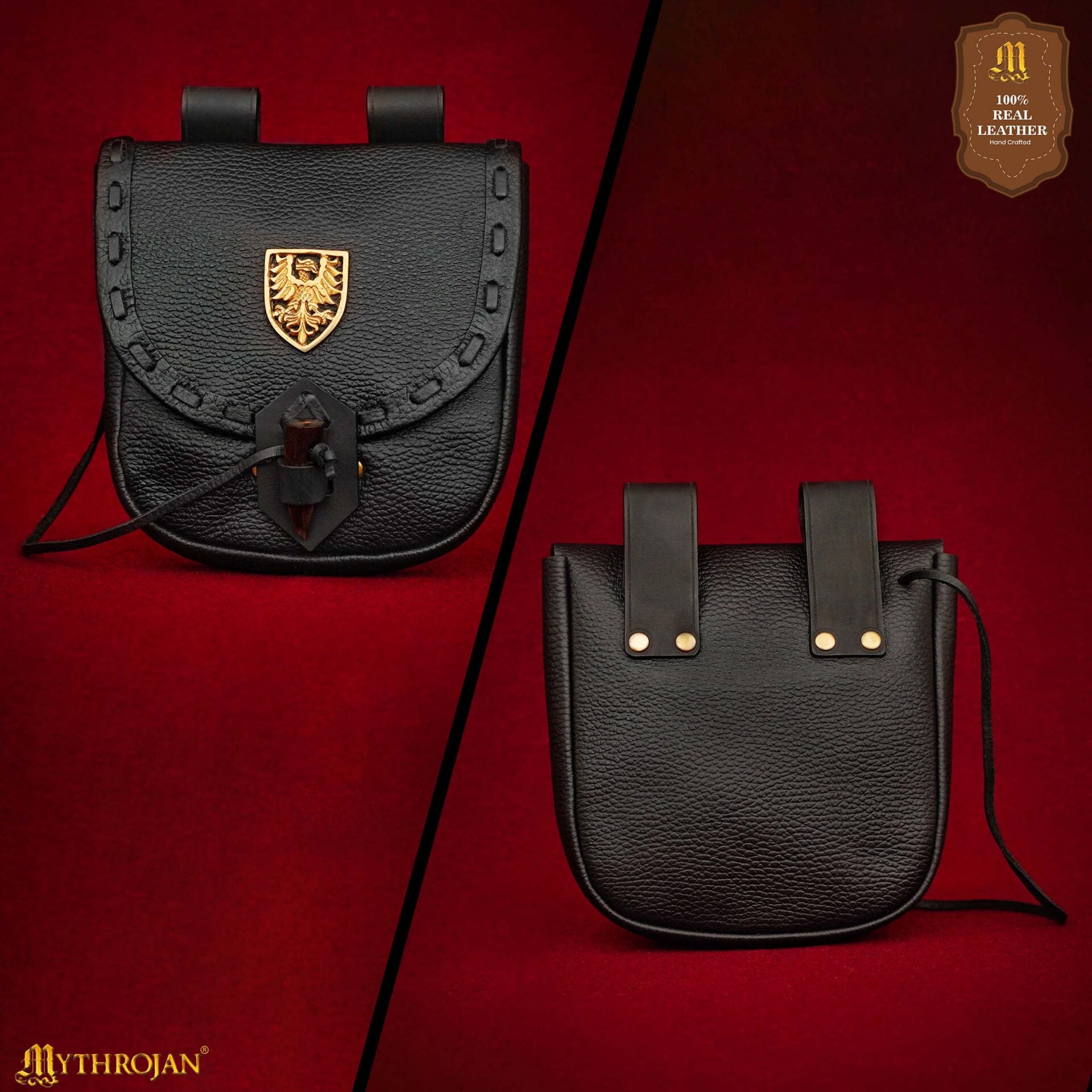 Riñonera Medieval de Cuero Hecha a Mano con Pasador de Cuerno de Buey y Decoración Heráldica de Latón - Funda de Cuero Auténtico - Imagen 13