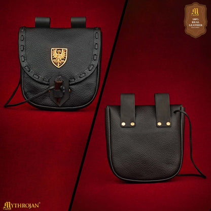 Riñonera Medieval de Cuero Hecha a Mano con Pasador de Cuerno de Buey y Decoración Heráldica de Latón - Funda de Cuero Auténtico - Imagen 13