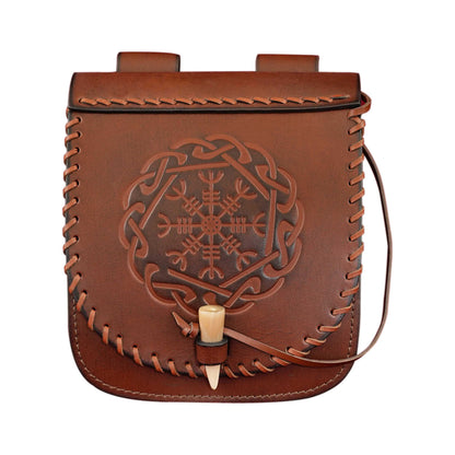 Riñonera de Cuero del Guerrero del Norte con Repujado del Yelmo del Pavor y Cierre Basculante de Hueso, Funda Larp Vikinga - Imagen 8