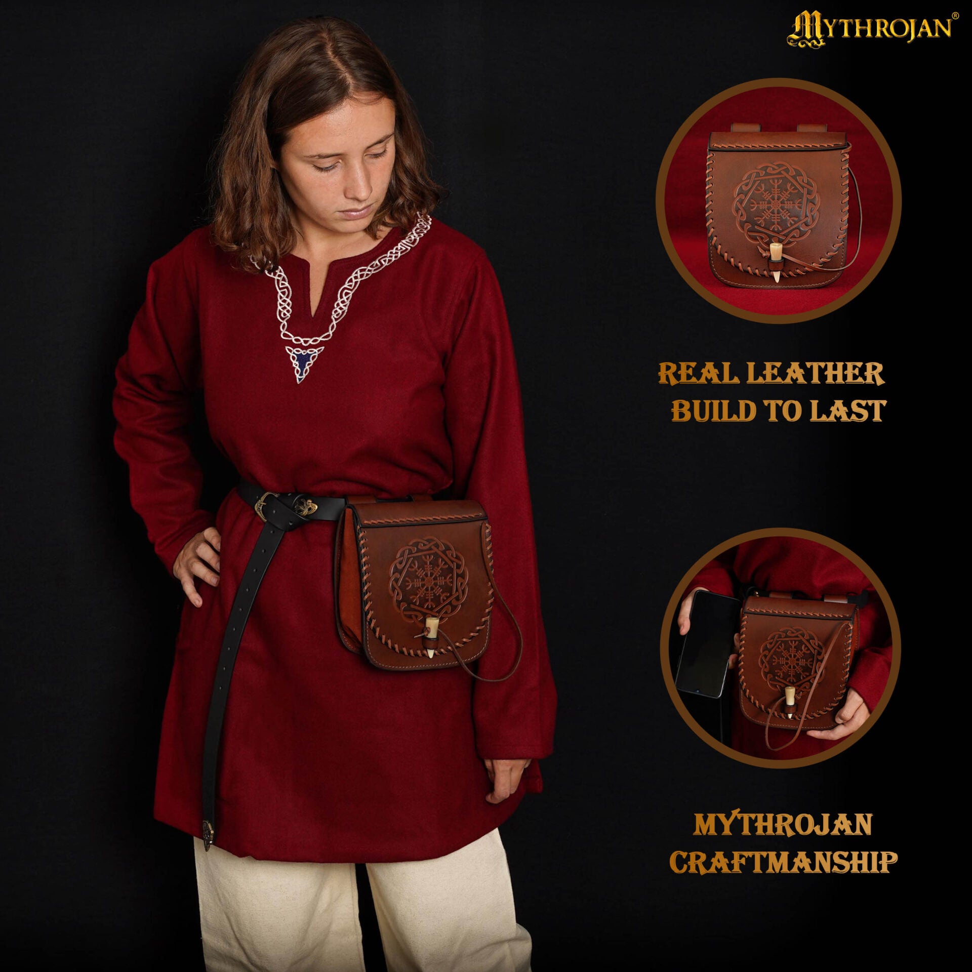 Riñonera de Cuero del Guerrero del Norte con Repujado del Yelmo del Pavor y Cierre Basculante de Hueso, Funda Larp Vikinga - Imagen 9