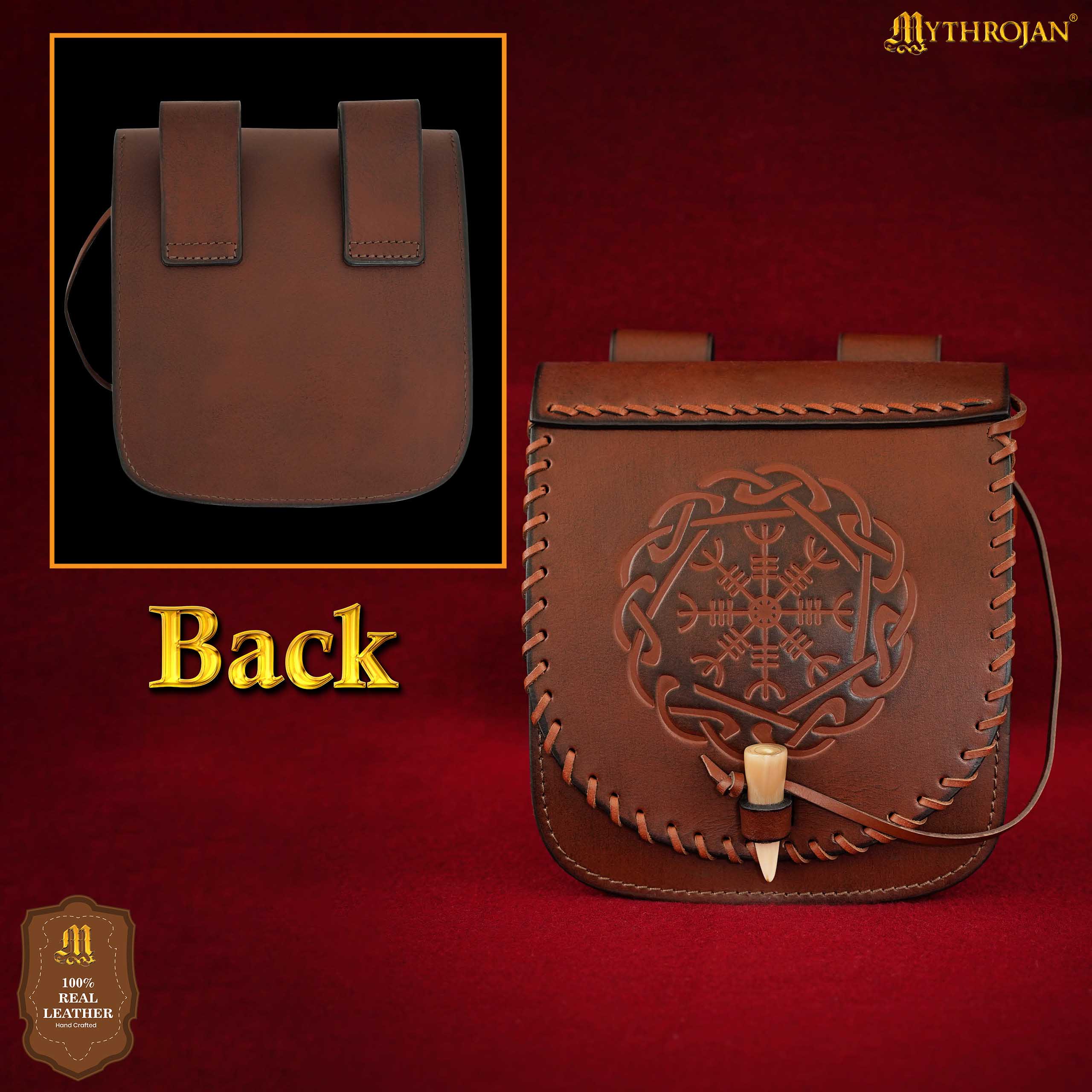 Riñonera de Cuero del Guerrero del Norte con Repujado del Yelmo del Pavor y Cierre Basculante de Hueso, Funda Larp Vikinga - Imagen 12