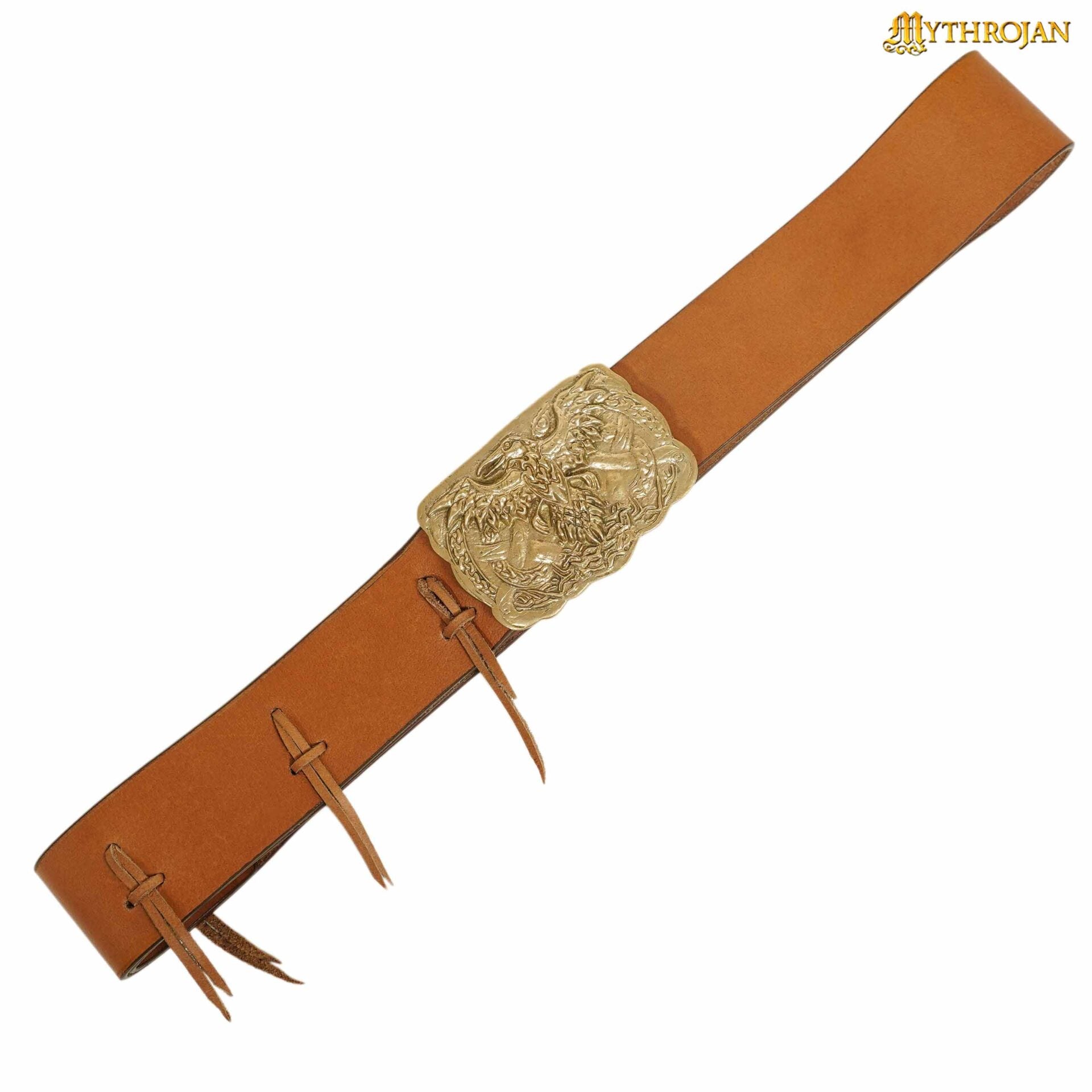 Cinturón Vikingo Urbano Mythrojan con Hebilla de Latón Macizo y Cuero Auténtico con Cuervo de Odín - Imagen 1