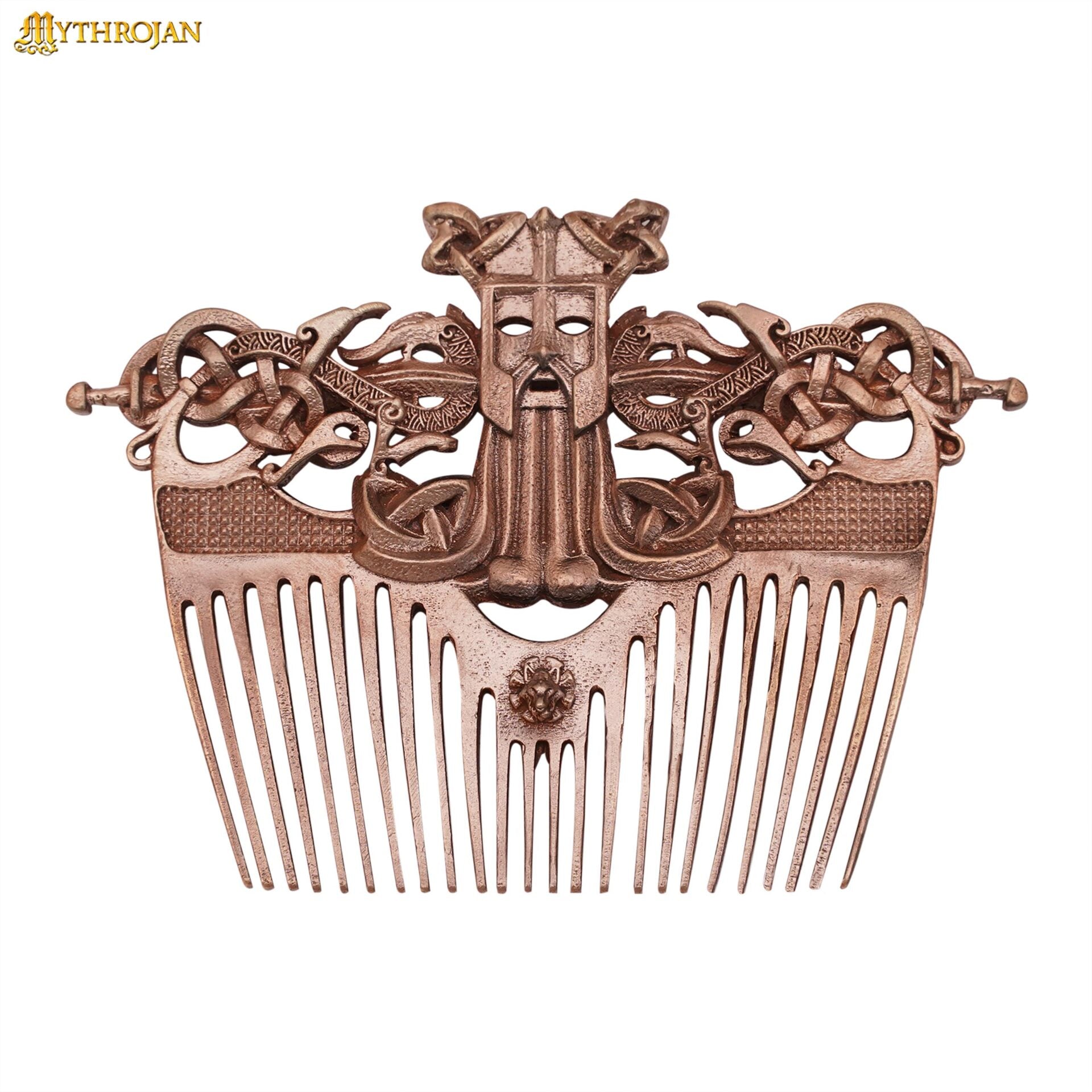 Peine Nórdico para Barba de Bronce Macizo con Funda de Cuero Auténtico - Imagen 1