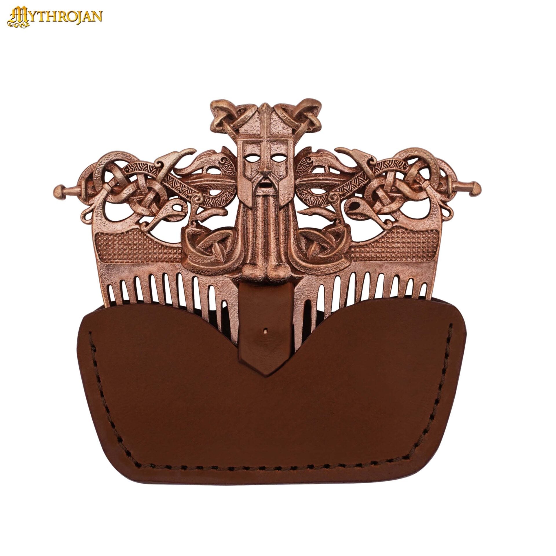 Peine Nórdico para Barba de Bronce Macizo con Funda de Cuero Auténtico - Imagen 2