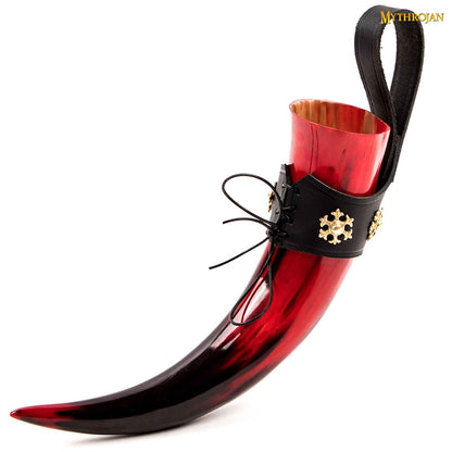 Taza Medieval para Beber Hidromiel 400ml Rojo Vikingo Cuerno de Buey con Soporte de Cuero Negro Pulido - Imagen 15