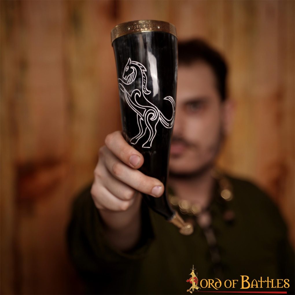 Cuerno Medieval para Beber 300-350 Ml con Accesorios de Latón Macizo Puro Cuerno de Buey Auténtico - Imagen 6