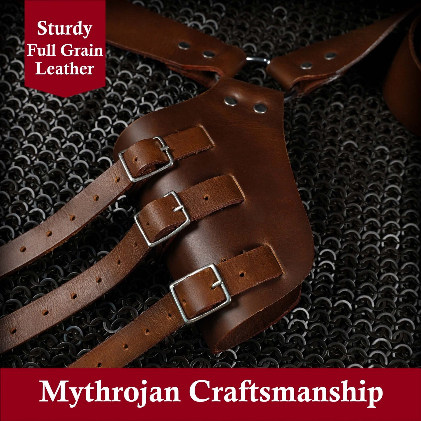 Mythrojan Baldric Cinturón de Espada de Cuero Funda Daga Medieval - Mano Derecha Marrón - Imagen 4