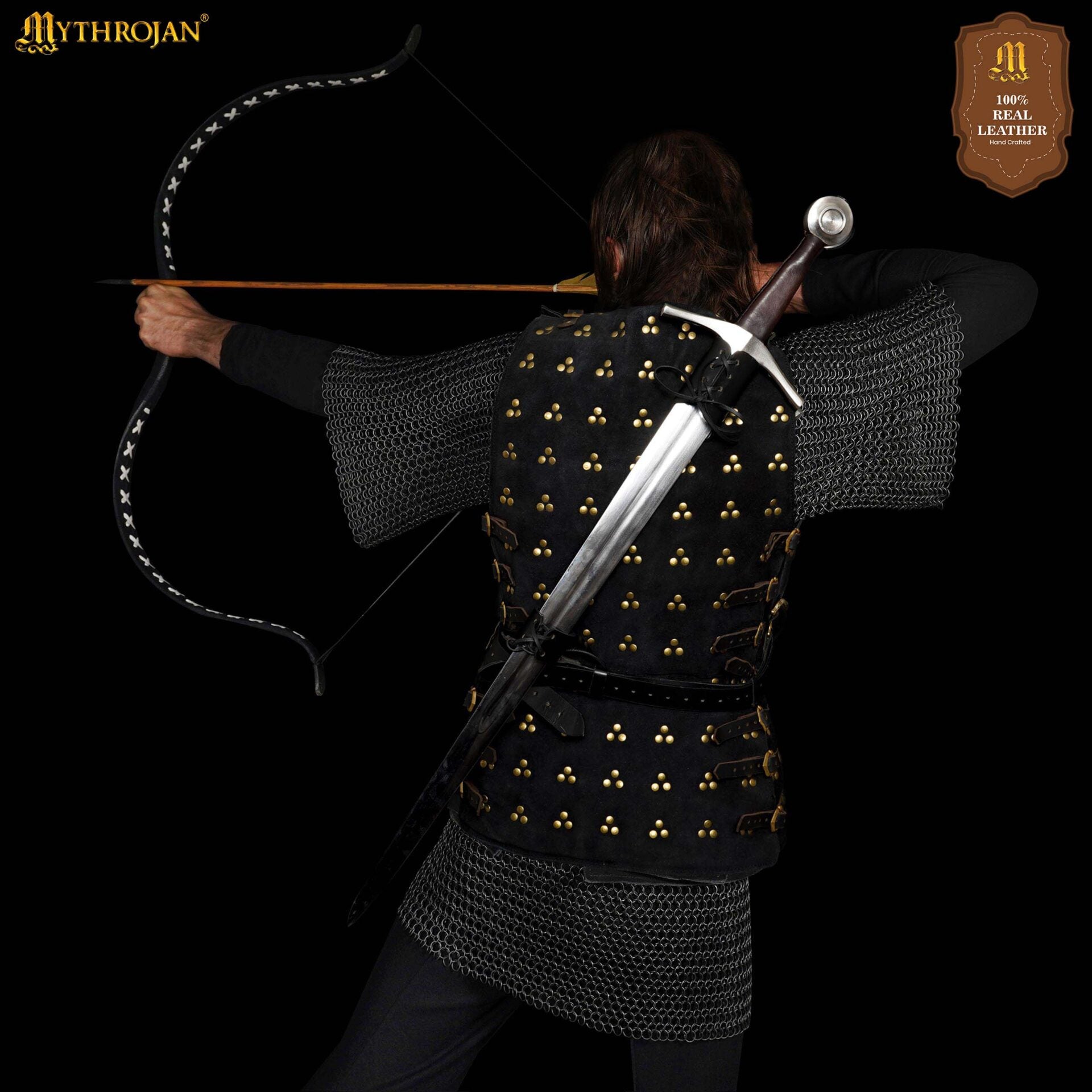 Mythrojan Geralt Back Scabbard, Ideal para Larp Cosplay y Eventos Medievales Cuero de Grano Completo Negro - Imagen 4