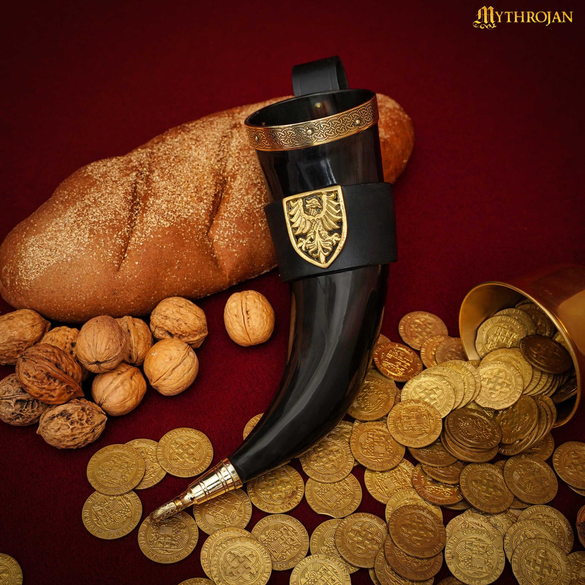 Mythrojan The Tournament Champion - 350 Ml Viking Drinking Horn con Soporte de Cuero Negro - Imagen 4