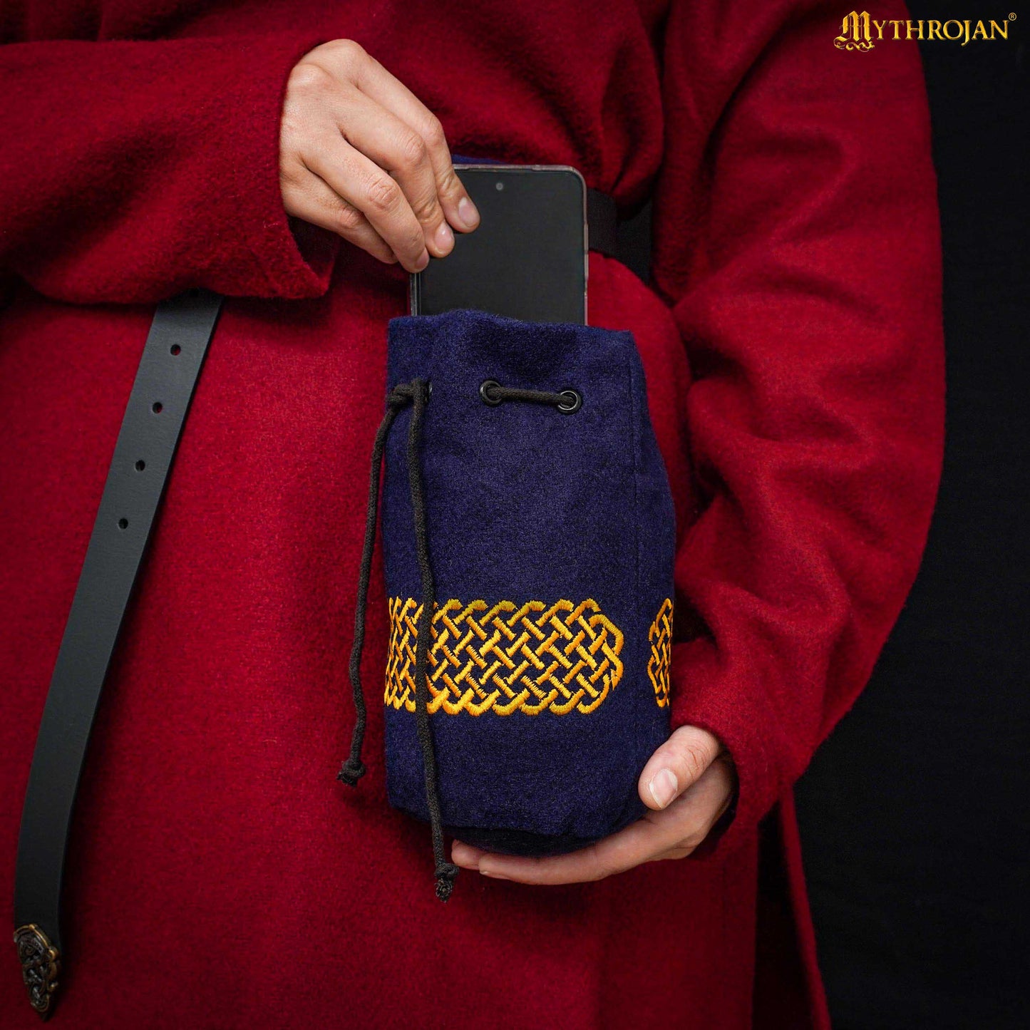 Mythrojan Bolsa de Lana Bordada con Cordón para Cinturón: Medieval Vikingo Celta Bolsa Accesorios de Disfraces Monedero, 8" × 6.5 - Imagen 4