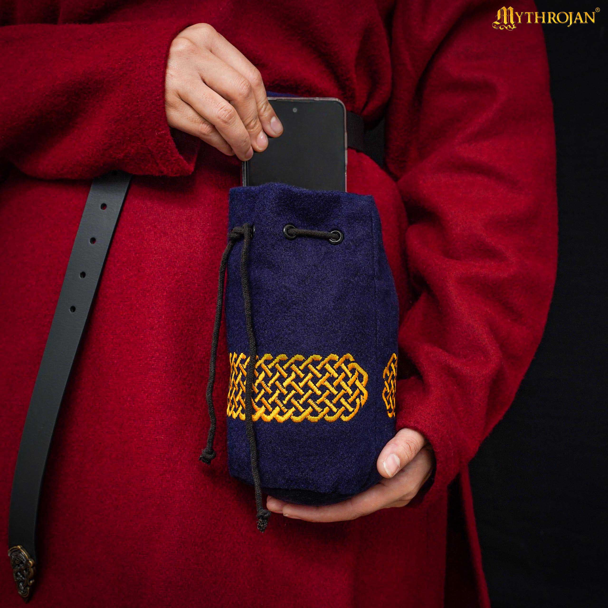 Mythrojan Bolsa de Lana Bordada con Cordón para Cinturón: Medieval Vikingo Celta Bolsa Accesorios de Disfraces Monedero, 8" × 6.5 - Imagen 4