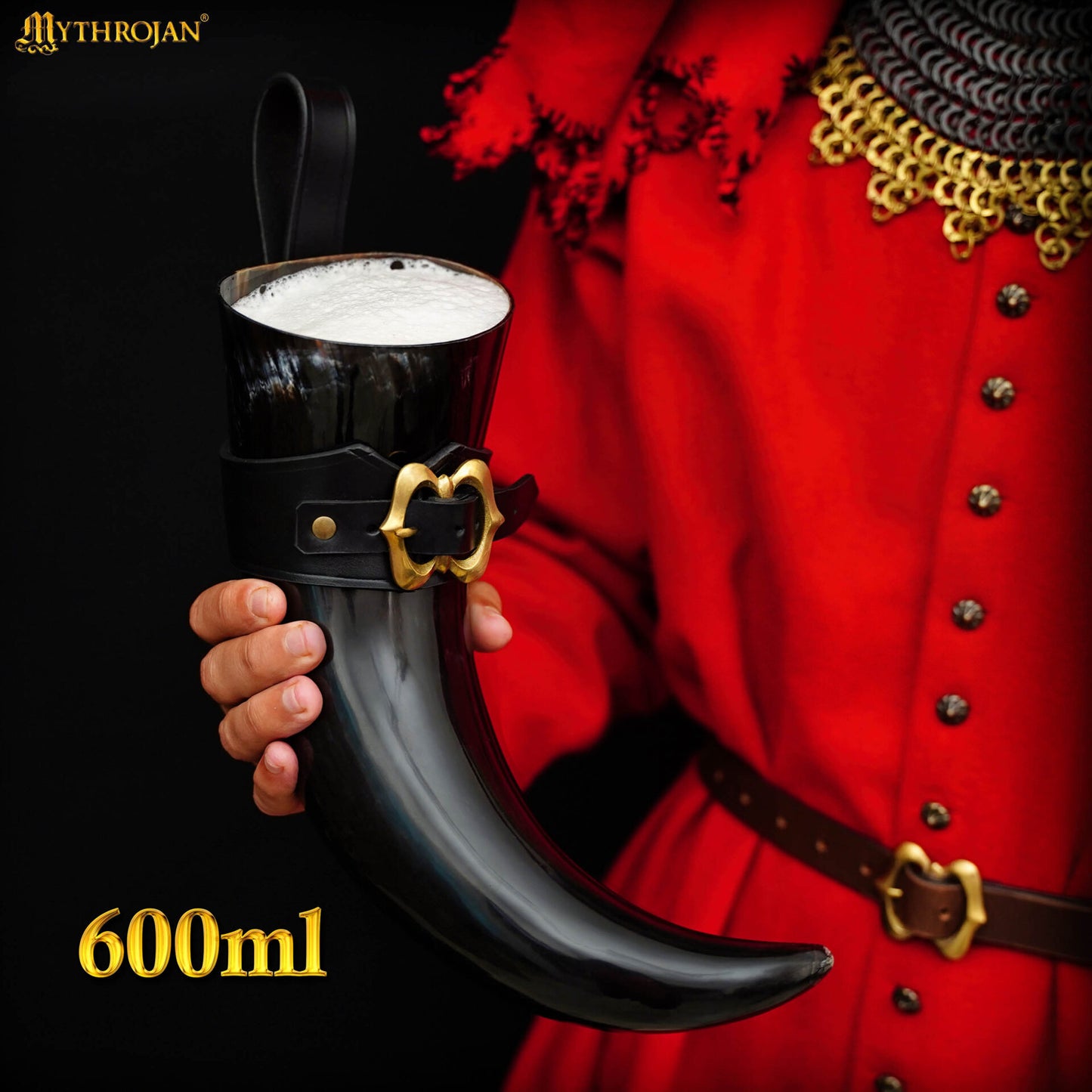 Mythrojan The Loyal Soldier - Vikingo Cuerno para Beber con Soporte de Cuero Negro Auténtica Jarra de Vino / Cabeza Vikinga de Inspiración Medieval - Acabado Pulido - 400ml - Imagen 4