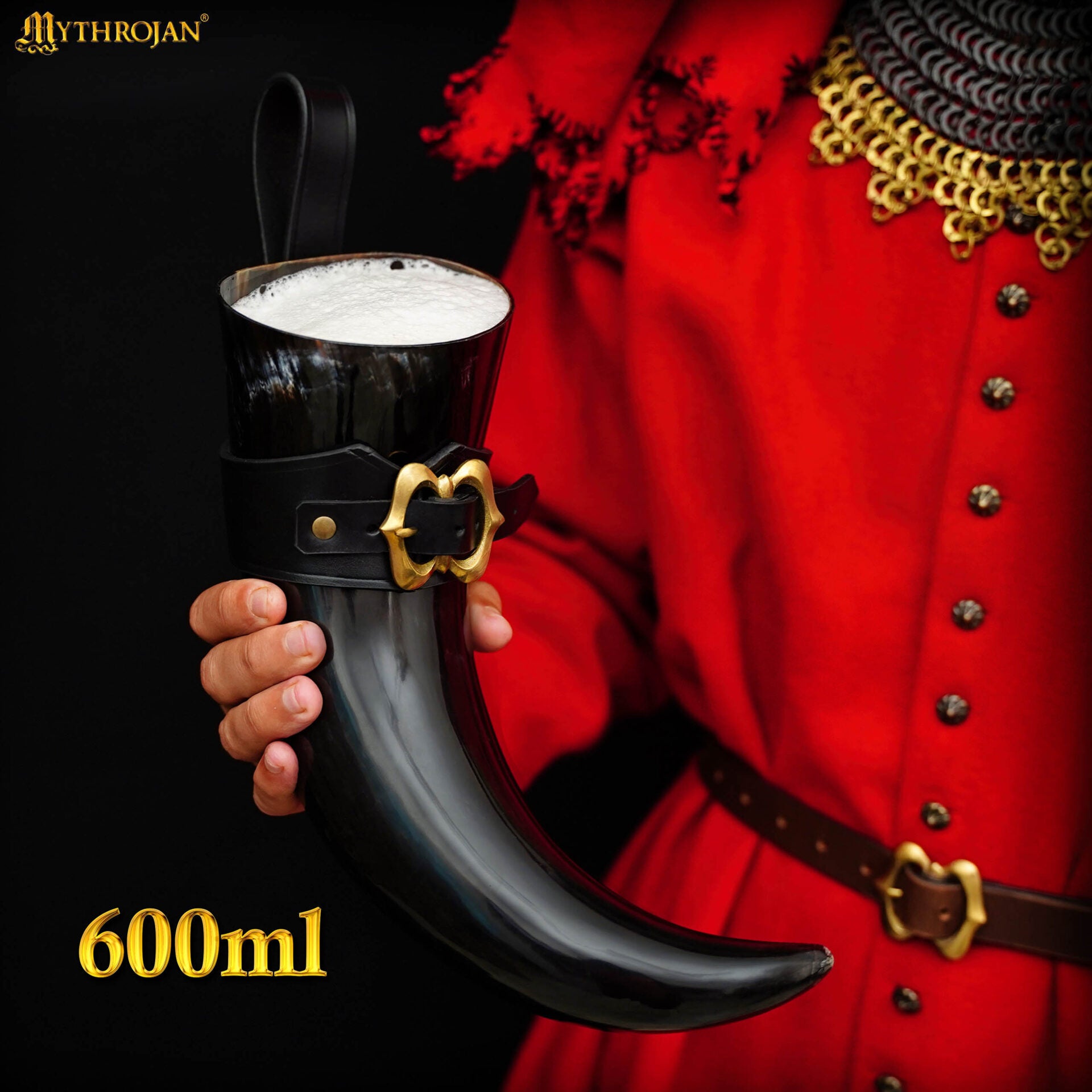 Mythrojan The Loyal Soldier - Vikingo Cuerno para Beber con Soporte de Cuero Negro Auténtica Jarra de Vino / Cabeza Vikinga de Inspiración Medieval - Acabado Pulido - 400ml - Imagen 4