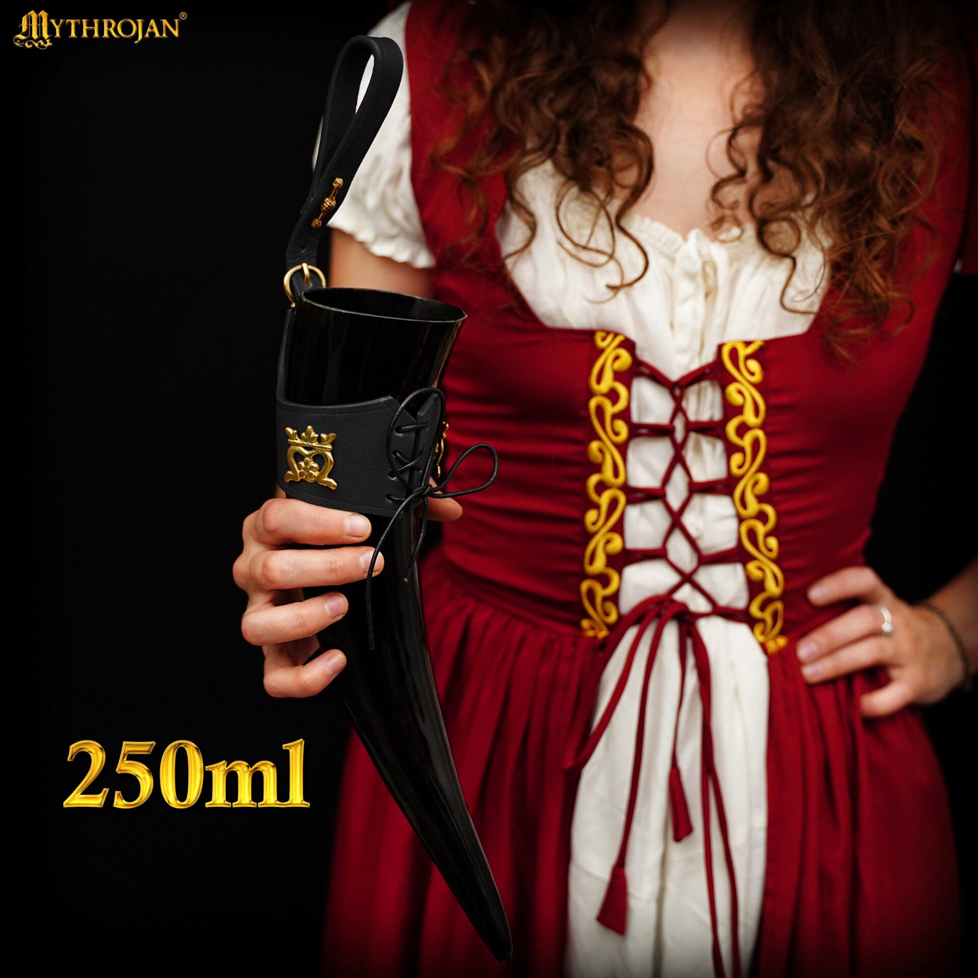 Mythrojan The Elegant Lady Cuerno Vikingo para Beber con Soporte de Cuero Negro Auténtica Taza Vikinga Inspirada en la Edad Media - Acabado Pulido - Imagen 4
