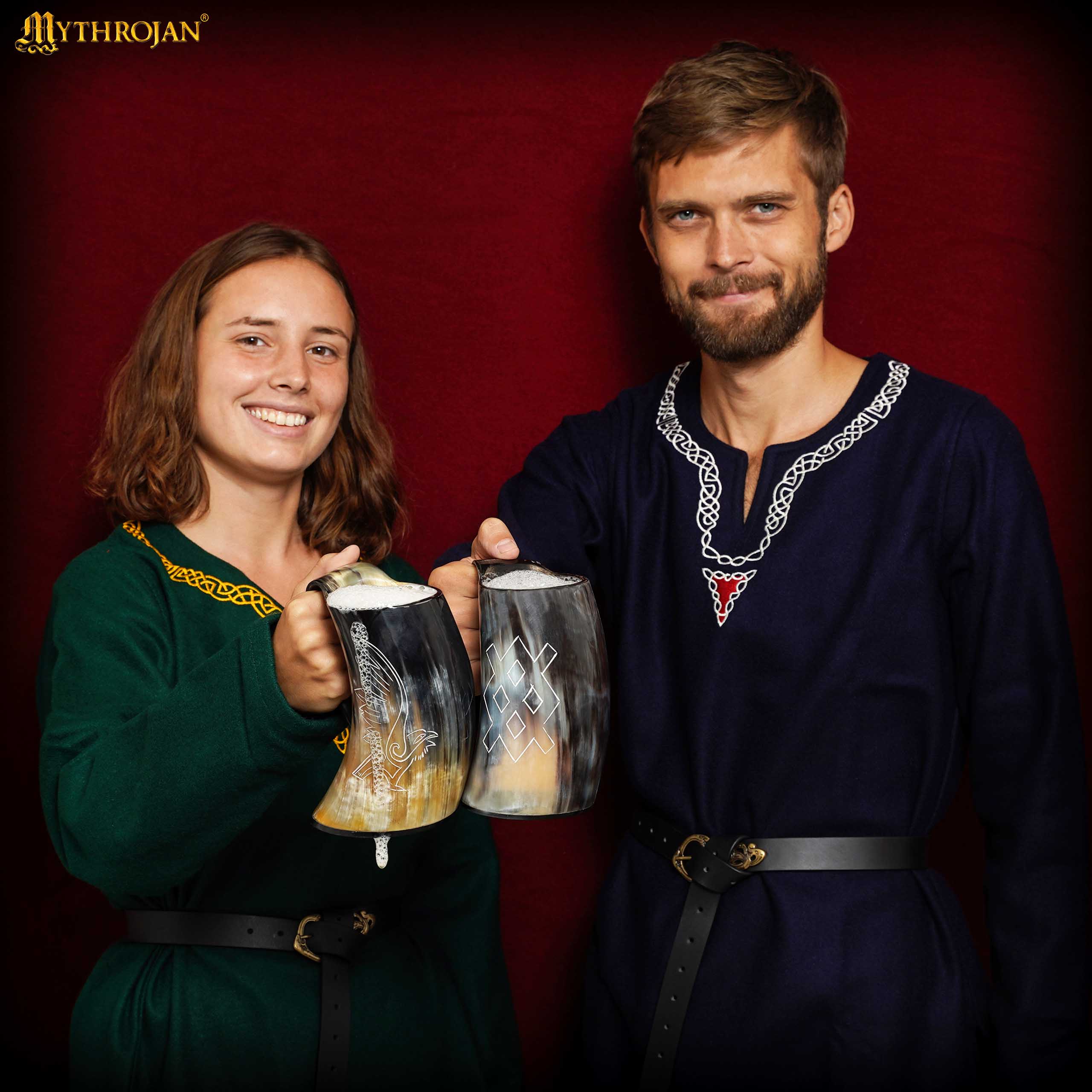 Vaso Mythrojan Vaso Vikingo con Asa y Hebilla Medieval Renacimiento con Correa de Cuero - Patern Único 800ml - Imagen 4