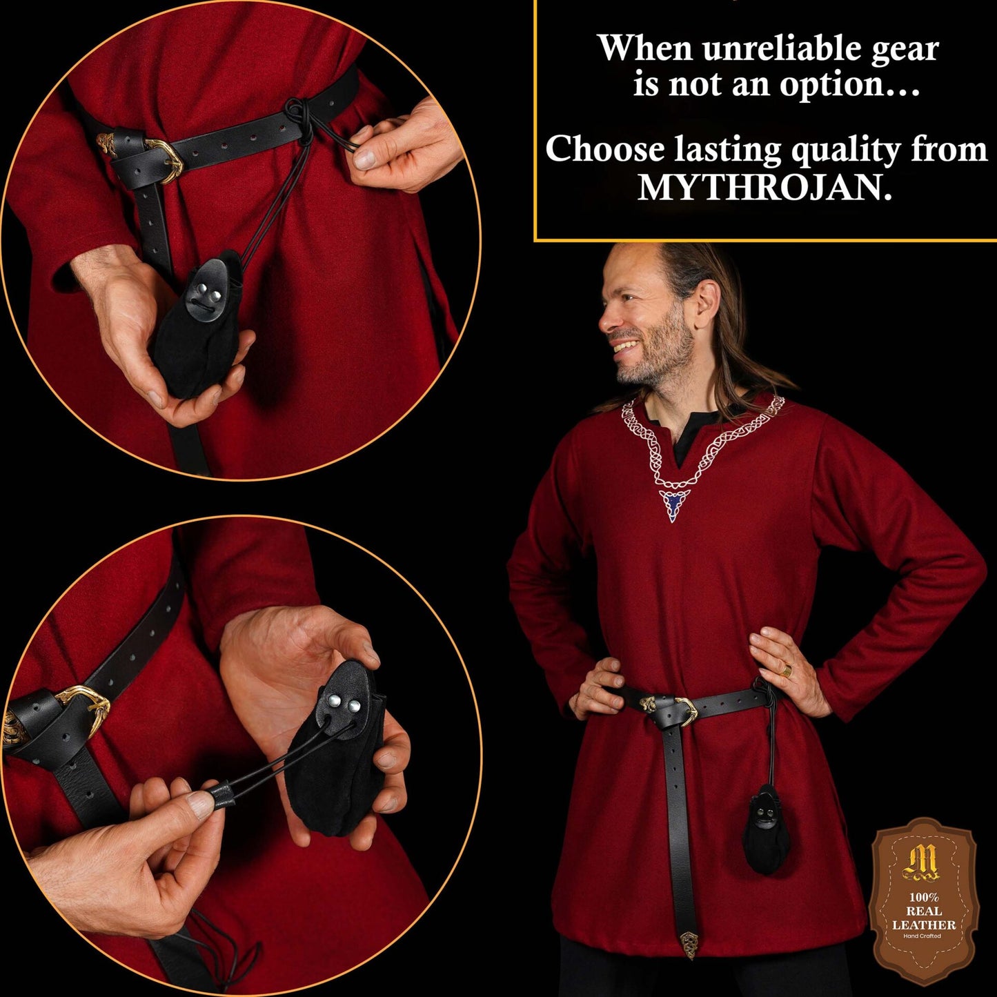 Mythrojan "gold And Dice" Drawstring Pouch, Ideal For Sca Larp Reenactment & Ren Fair - Suede Leather Pouch, Black, 4 - Imagen 8