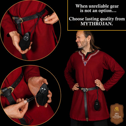 Mythrojan "gold And Dice" Drawstring Pouch, Ideal For Sca Larp Reenactment & Ren Fair - Suede Leather Pouch, Black, 4 - Imagen 8