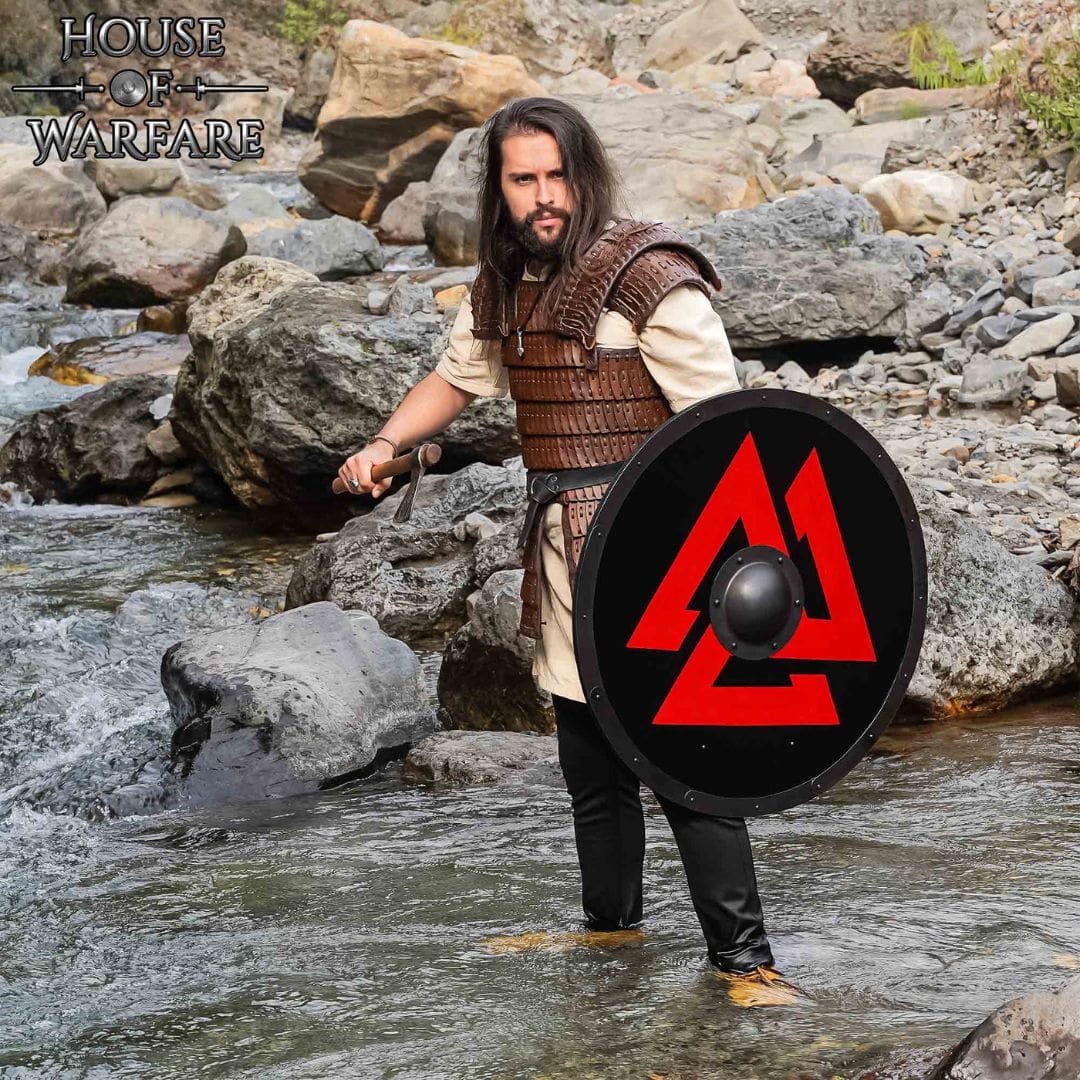 Escudo Vikingo Valknut - Escudo Redondo de Madera con el Símbolo de Odín y Jefe de Acero - Imagen 4