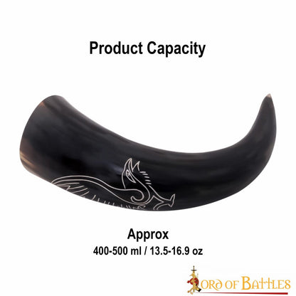 Cuerno de Buey Medieval Grabado Cuervo Vikingo para Beber 400-500 Ml - Imagen 3