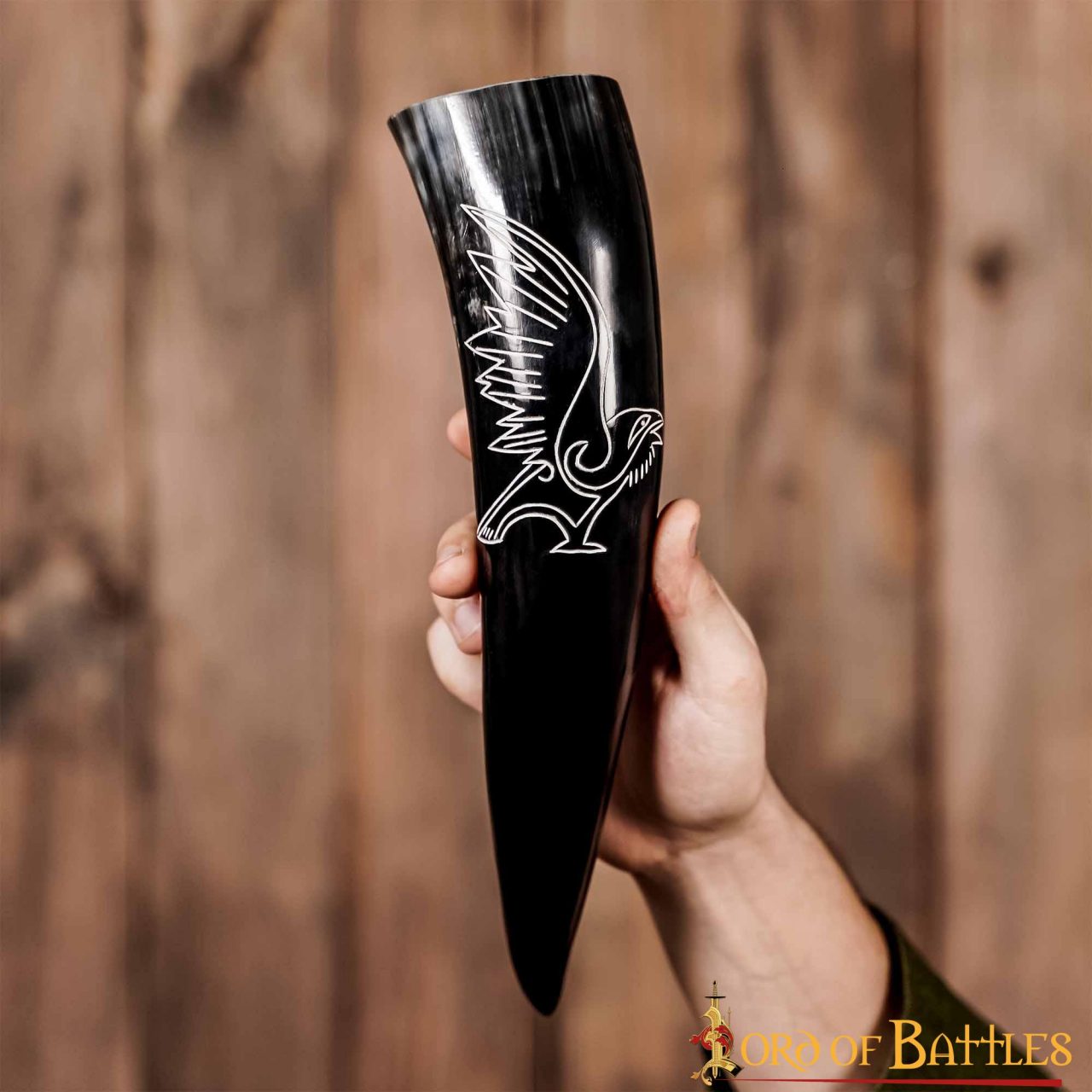Cuerno de Buey Medieval Grabado Cuervo Vikingo para Beber 400-500 Ml - Imagen 6