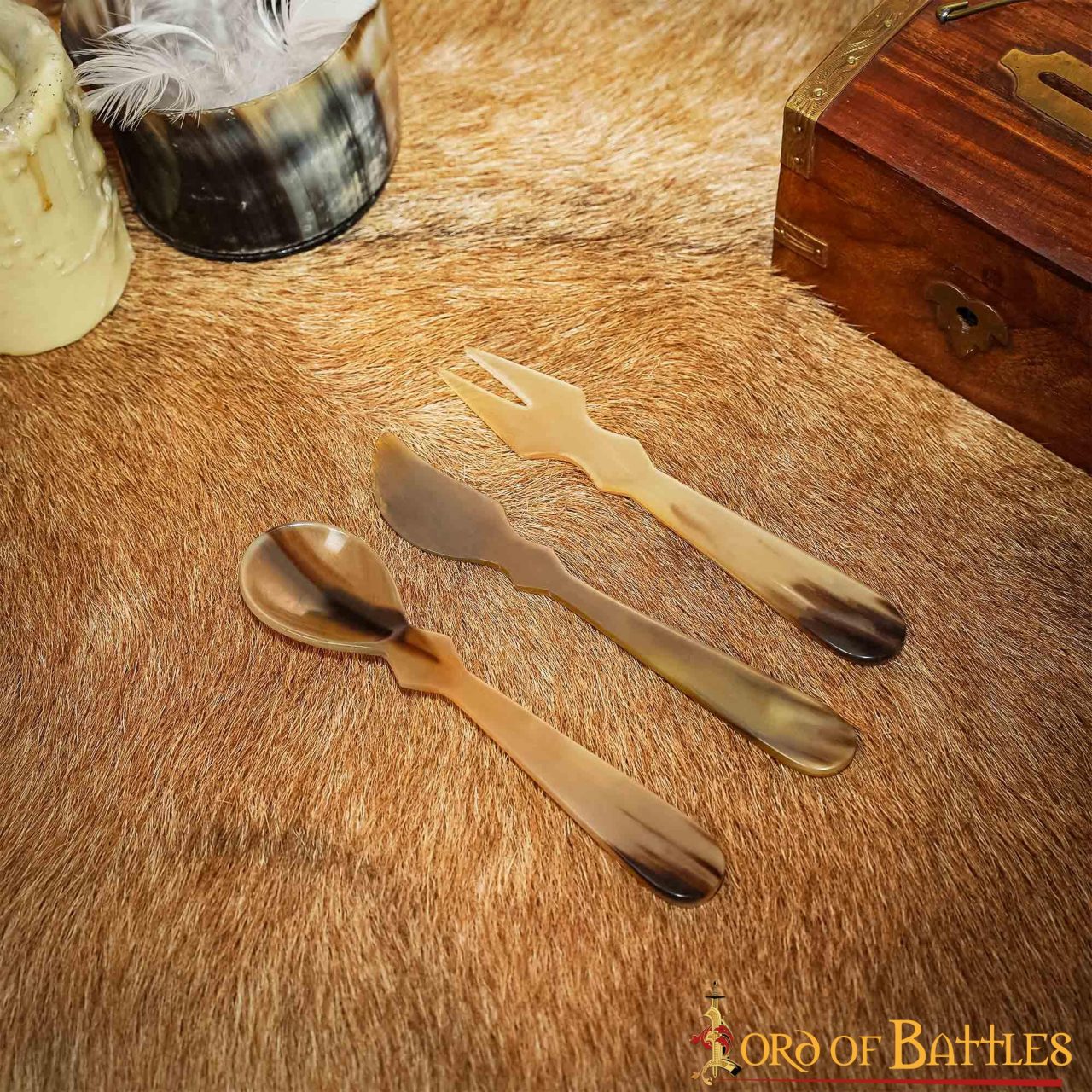 Juego de Cubiertos Medievales de Cuerno - Cuchara, Tenedor y Cuchillo Tallados a Mano - Imagen 4