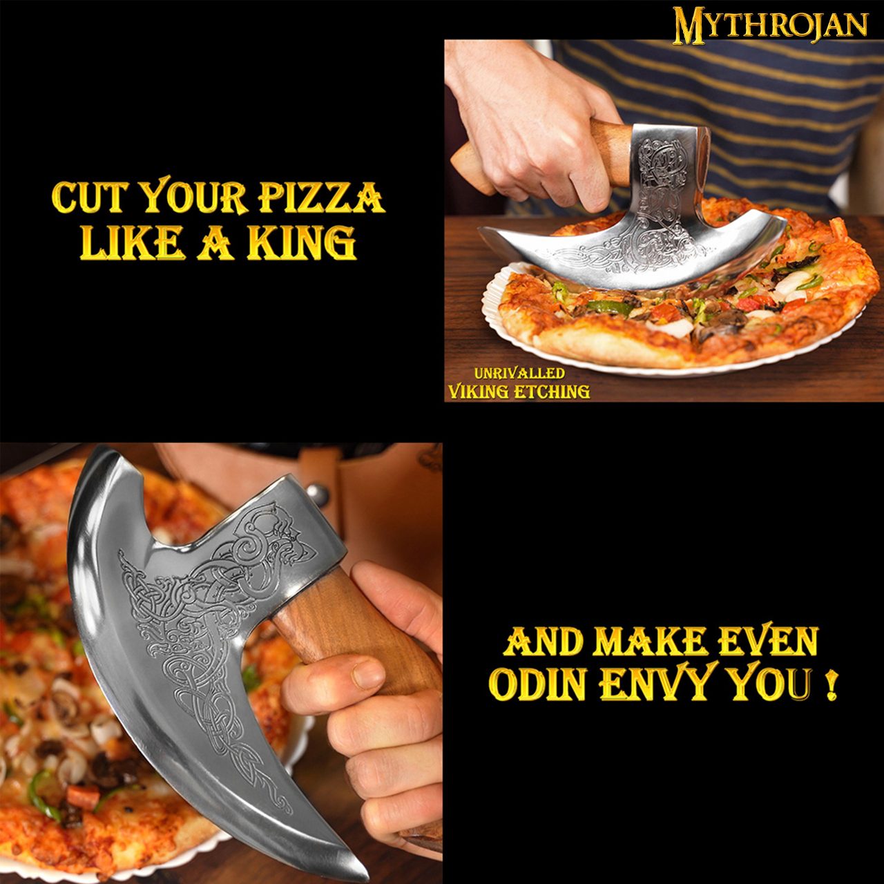 Mythrojan Hacha Vikinga para Pizza - Cortador de Pizza de Acero Inoxidable Forjado a Mano con Mango de Acacia Maciza y Funda de Cuero - Grabado Celta - Caja de Regalo - Imagen 9