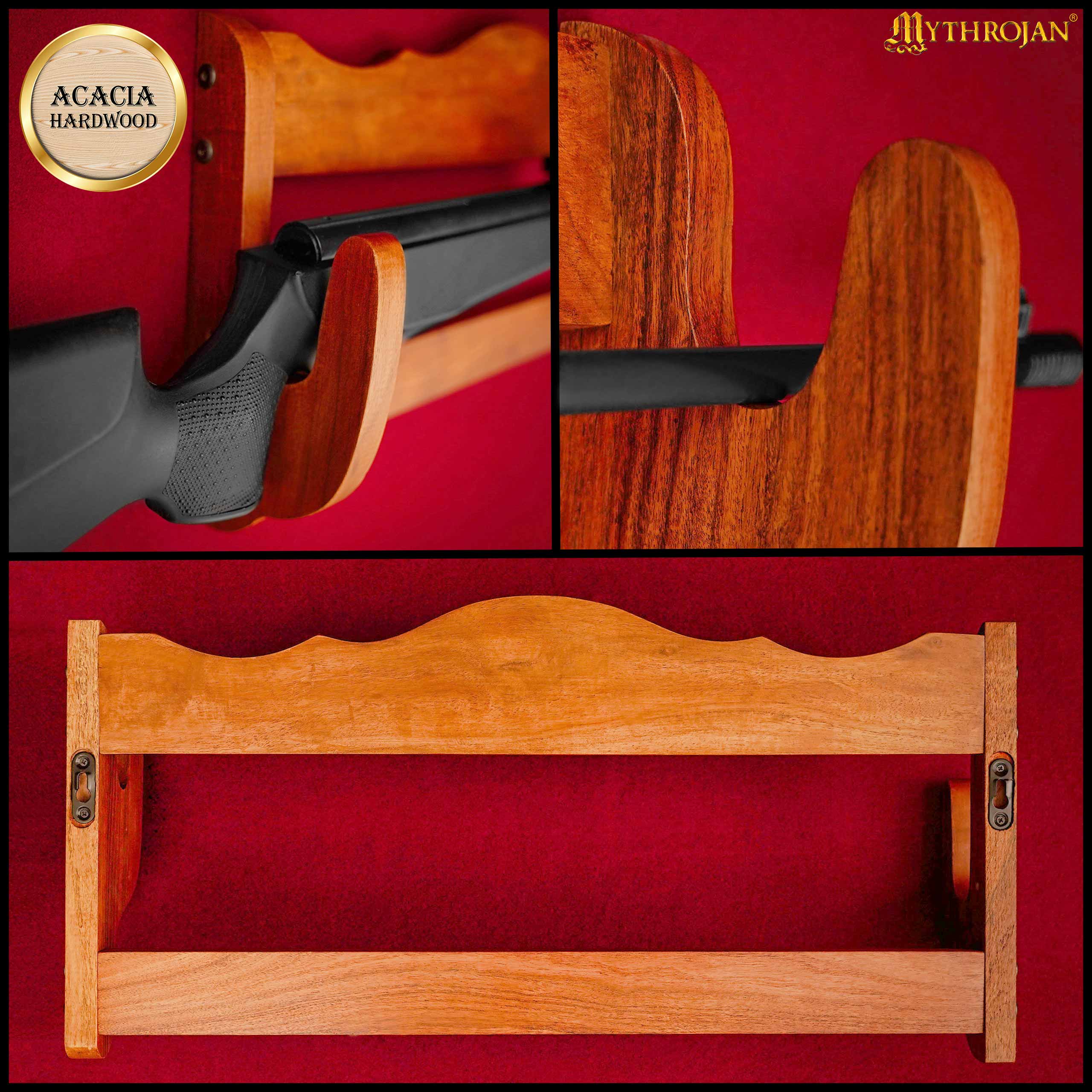 Mythrojan Sólida Madera Dura Pistola Rifle Display Wall Mount Stand 24 "x5.1 "x11.2" - Imagen 5