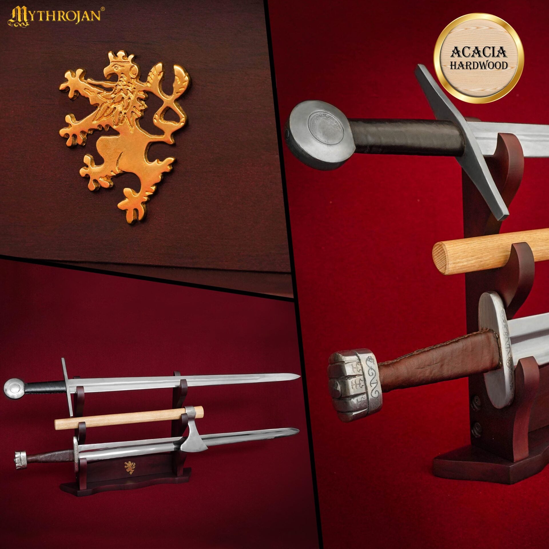 Mythrojan Soporte para Espada de Madera Maciza Tres Soportes con Decoración - Imagen 6