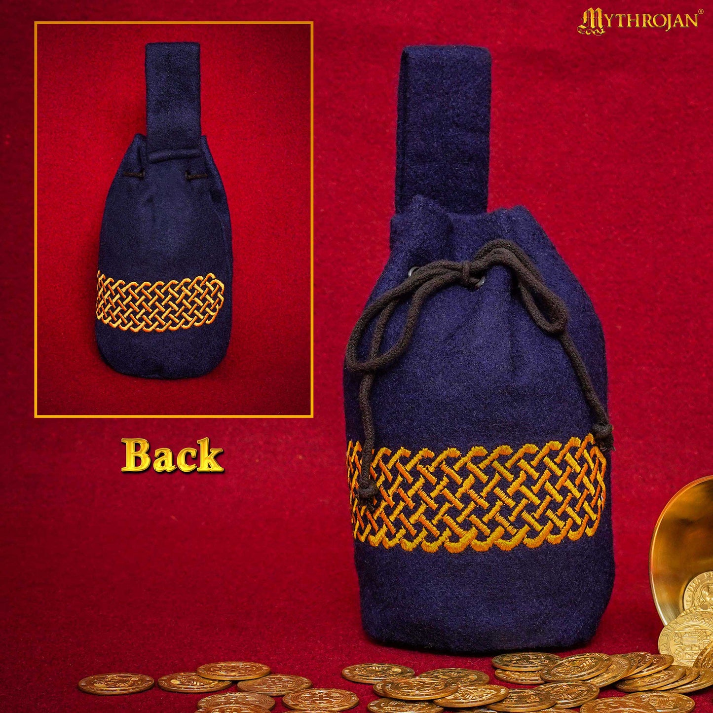 Mythrojan Bolsa de Lana Bordada con Cordón para Cinturón: Medieval Vikingo Celta Bolsa Accesorios de Disfraces Monedero, 8" × 6.5 - Imagen 5