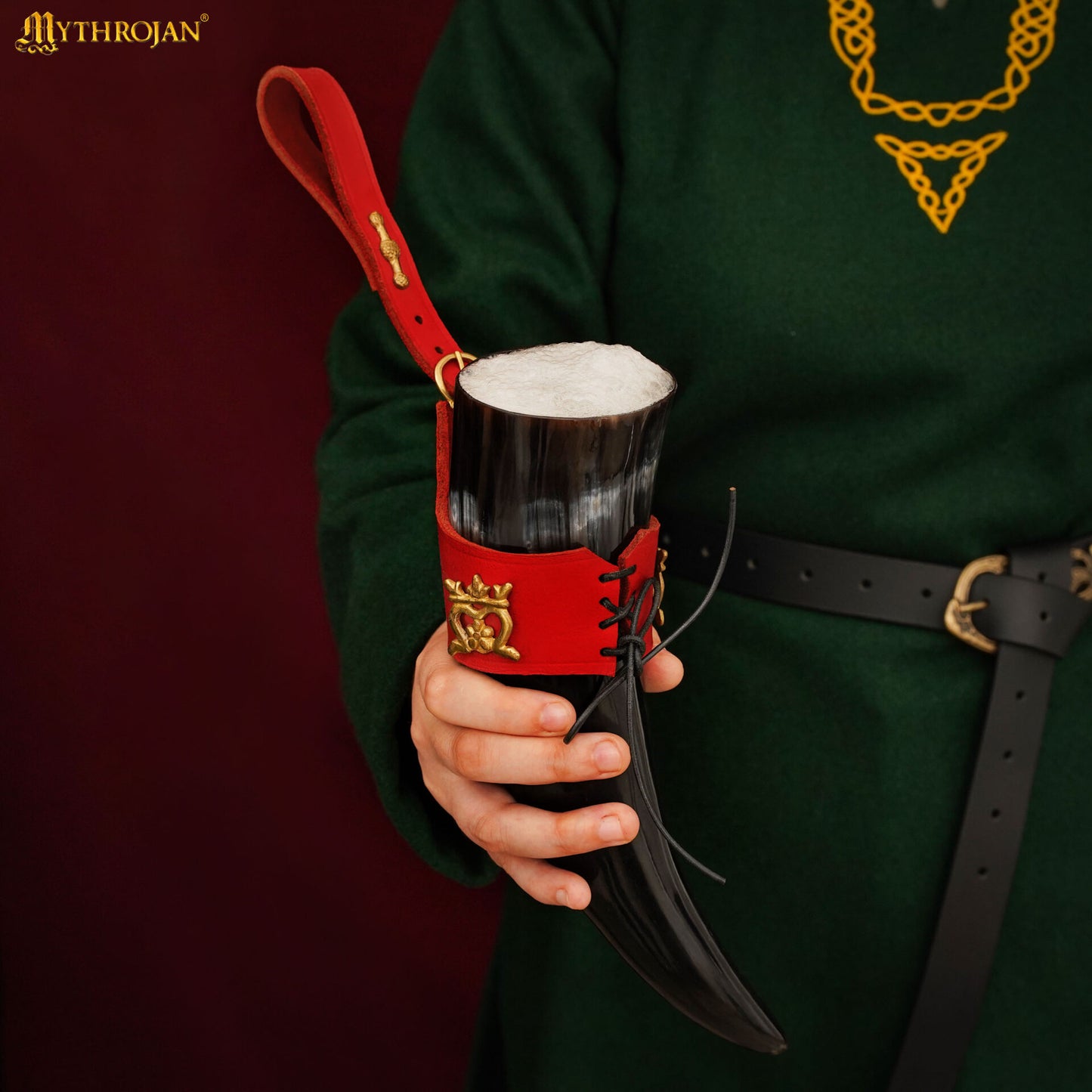 Mythrojan The Elegant Lady 250 Ml Cuerno Vikingo para Beber con Soporte de Cuero Rojo - Imagen 5