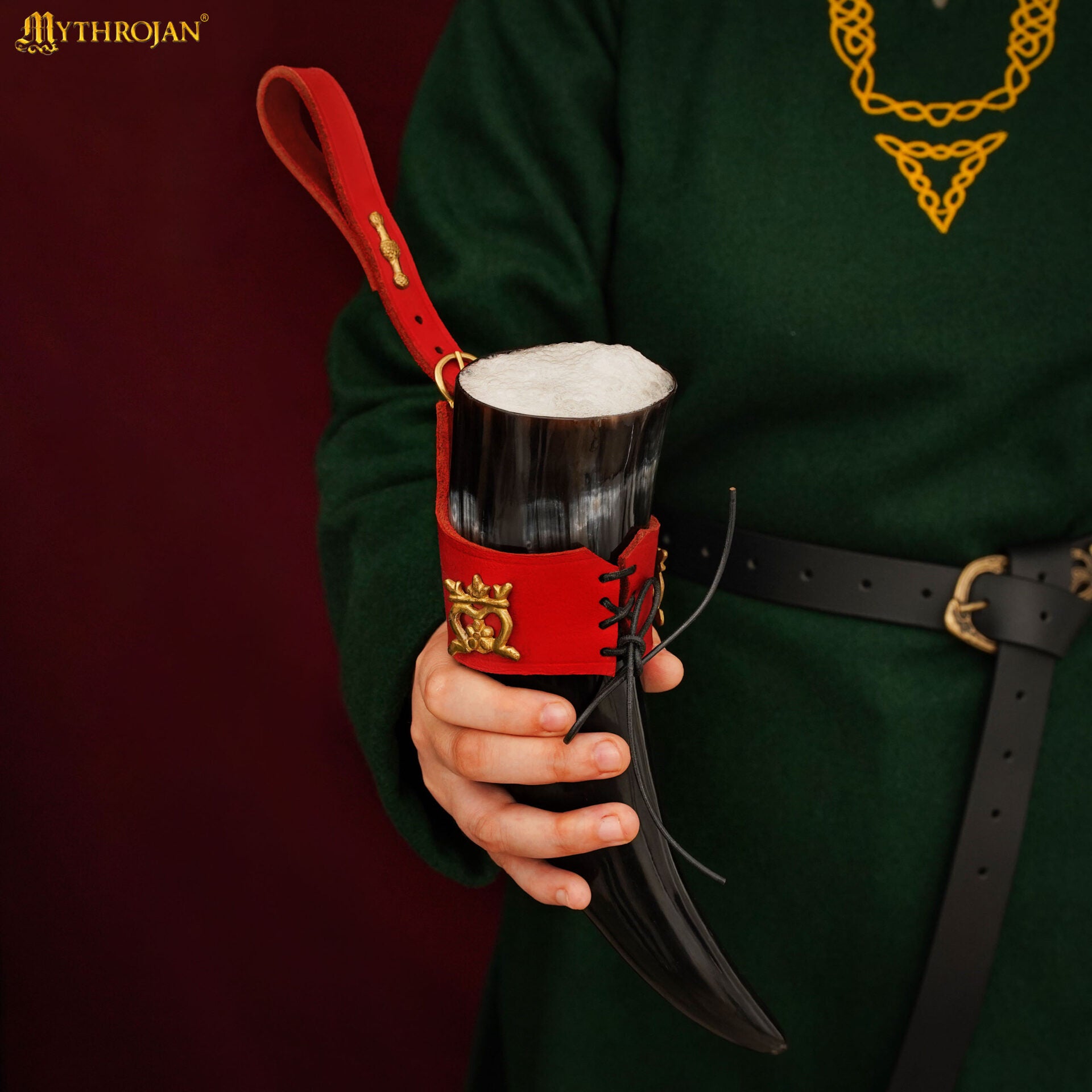Mythrojan The Elegant Lady 250 Ml Cuerno Vikingo para Beber con Soporte de Cuero Rojo - Imagen 5