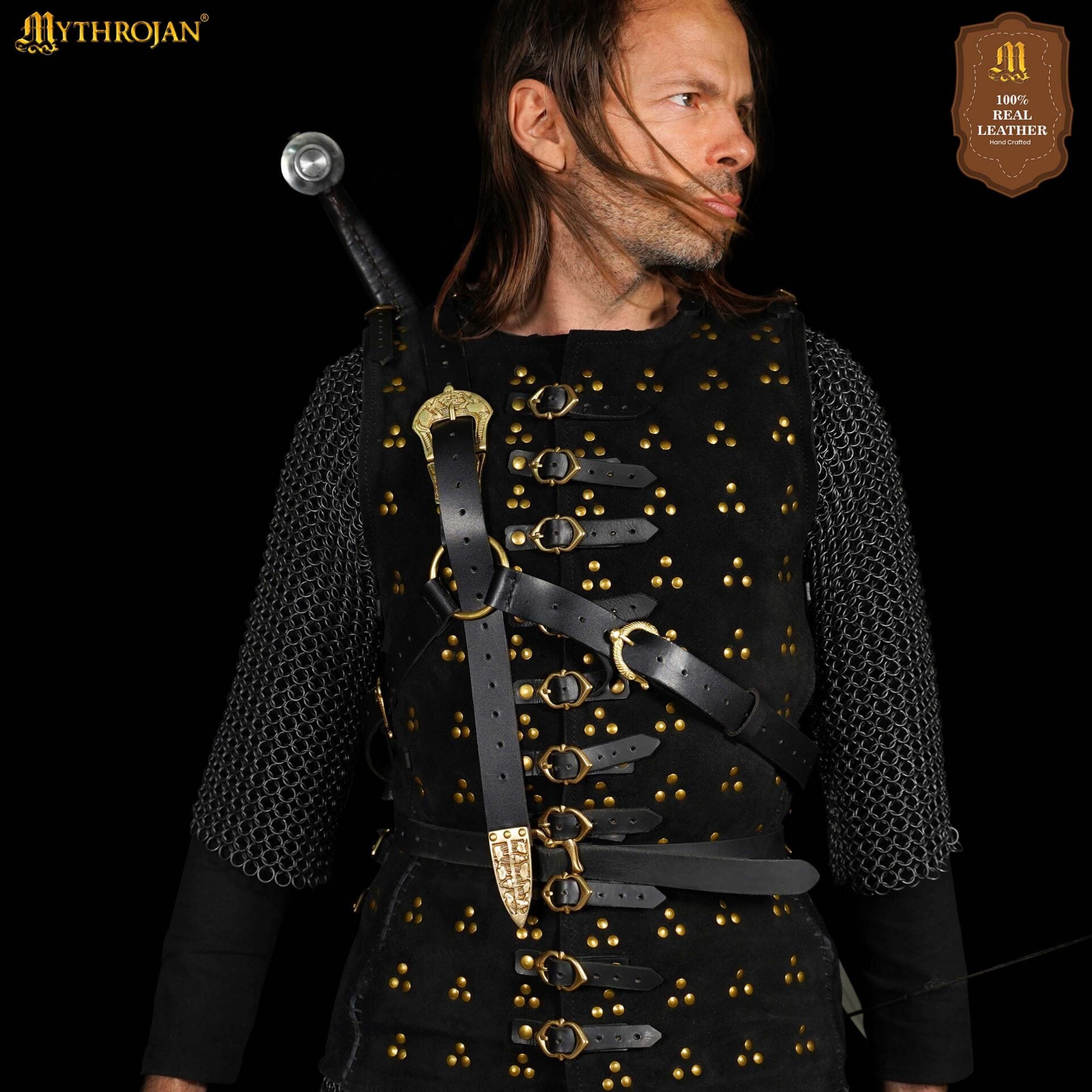 Mythrojan Geralt Back Scabbard, Ideal para Larp Cosplay y Eventos Medievales Cuero de Grano Completo Negro - Imagen 5