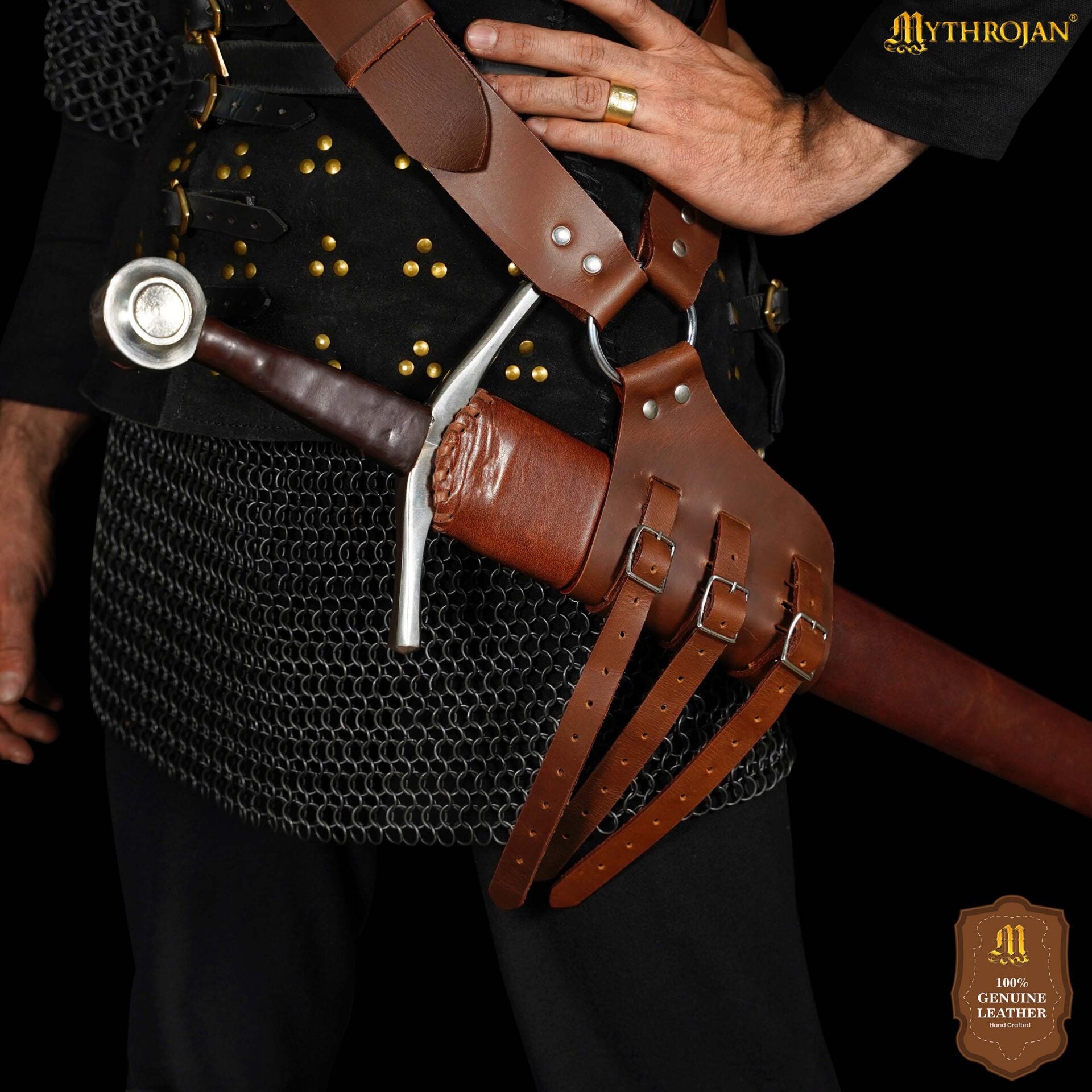 Mythrojan Baldric Cinturón de Espada de Cuero Funda Daga Medieval - Mano Derecha Marrón - Imagen 5