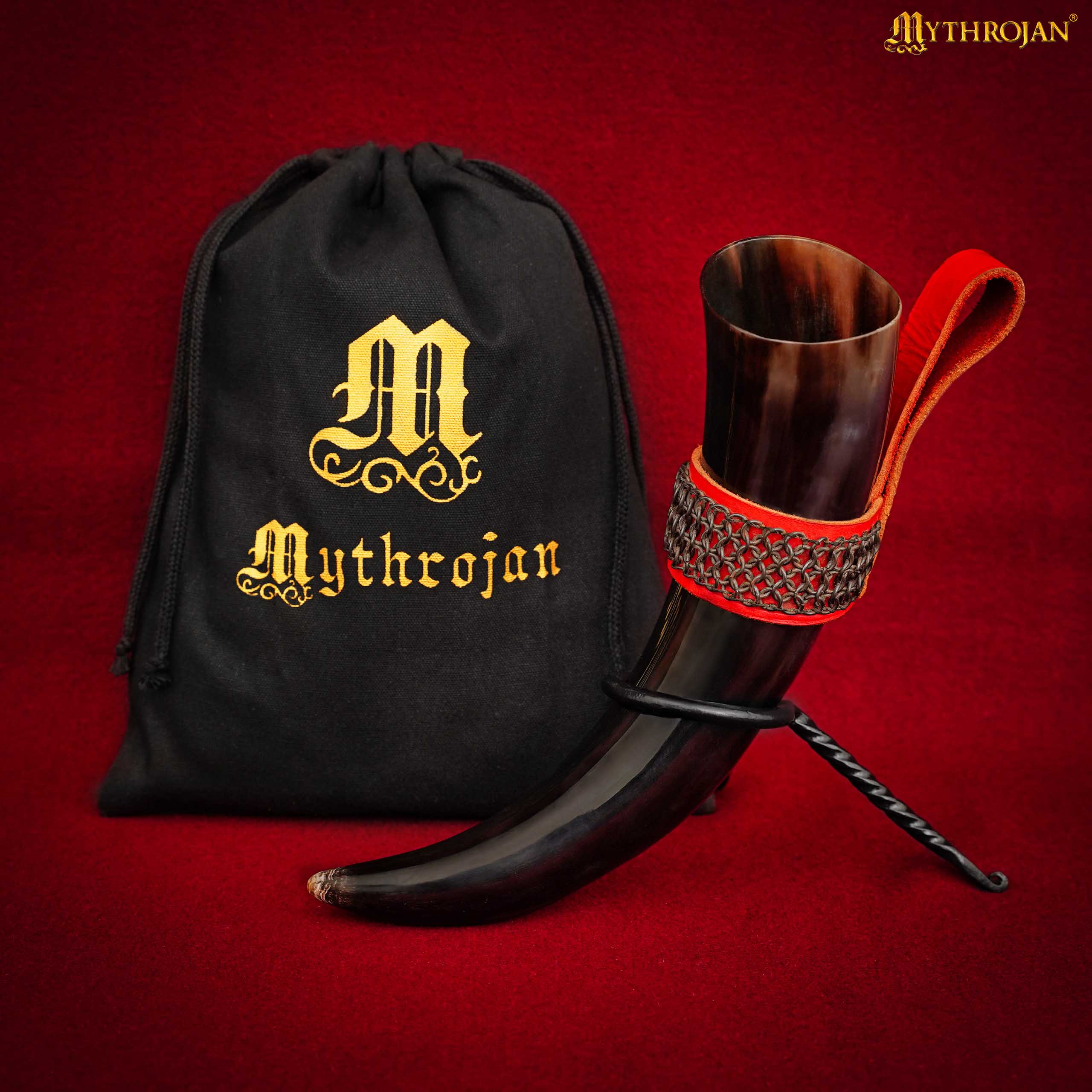 Mythrojan The Witcher Companion Vikingo Cuerno para Beber con Soporte de Cuero Rojo Auténtica Taza Vikinga Inspirada en la Edad Media - Acabado Pulido - Imagen 4