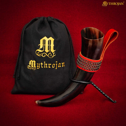Mythrojan The Witcher Companion Vikingo Cuerno para Beber con Soporte de Cuero Rojo Auténtica Taza Vikinga Inspirada en la Edad Media - Acabado Pulido - Imagen 4