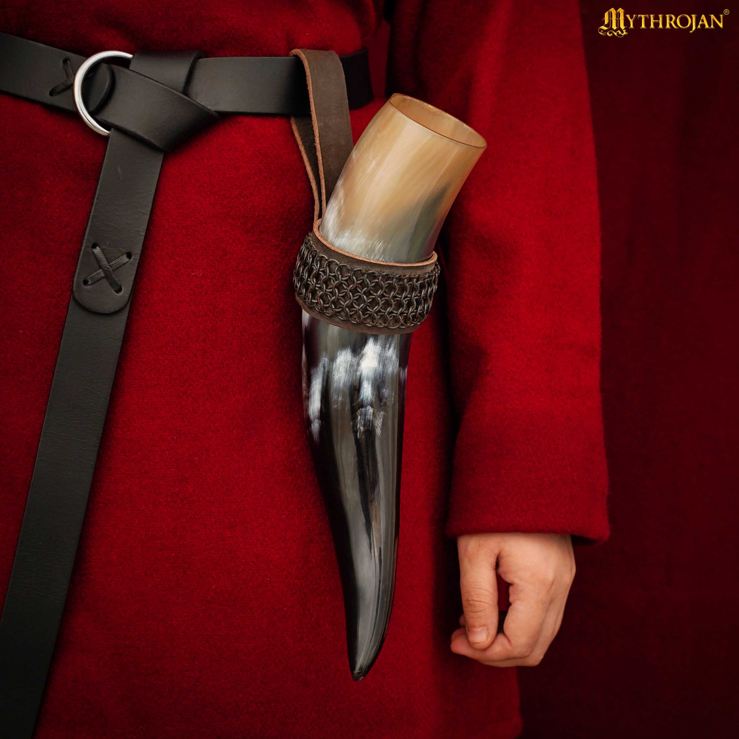 Mythrojan The Witcher Companion Vikingo Cuerno para Beber con Soporte de Cuero Marrón Auténtica Taza de Vino/madera Vikinga de Inspiración Medieval - Acabado Pulido 400 Ml - Imagen 5