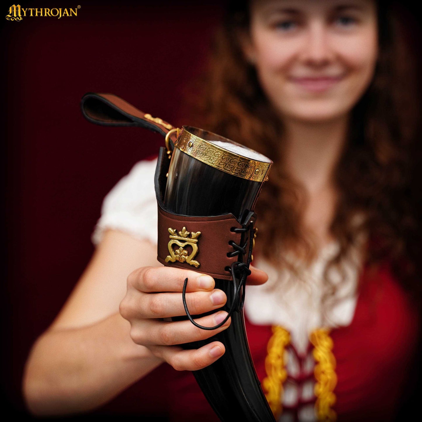 Mythrojan The Elegant Lady 350 Ml Cuerno Vikingo para Beber con Soporte de Cuero Marrón - Imagen 5