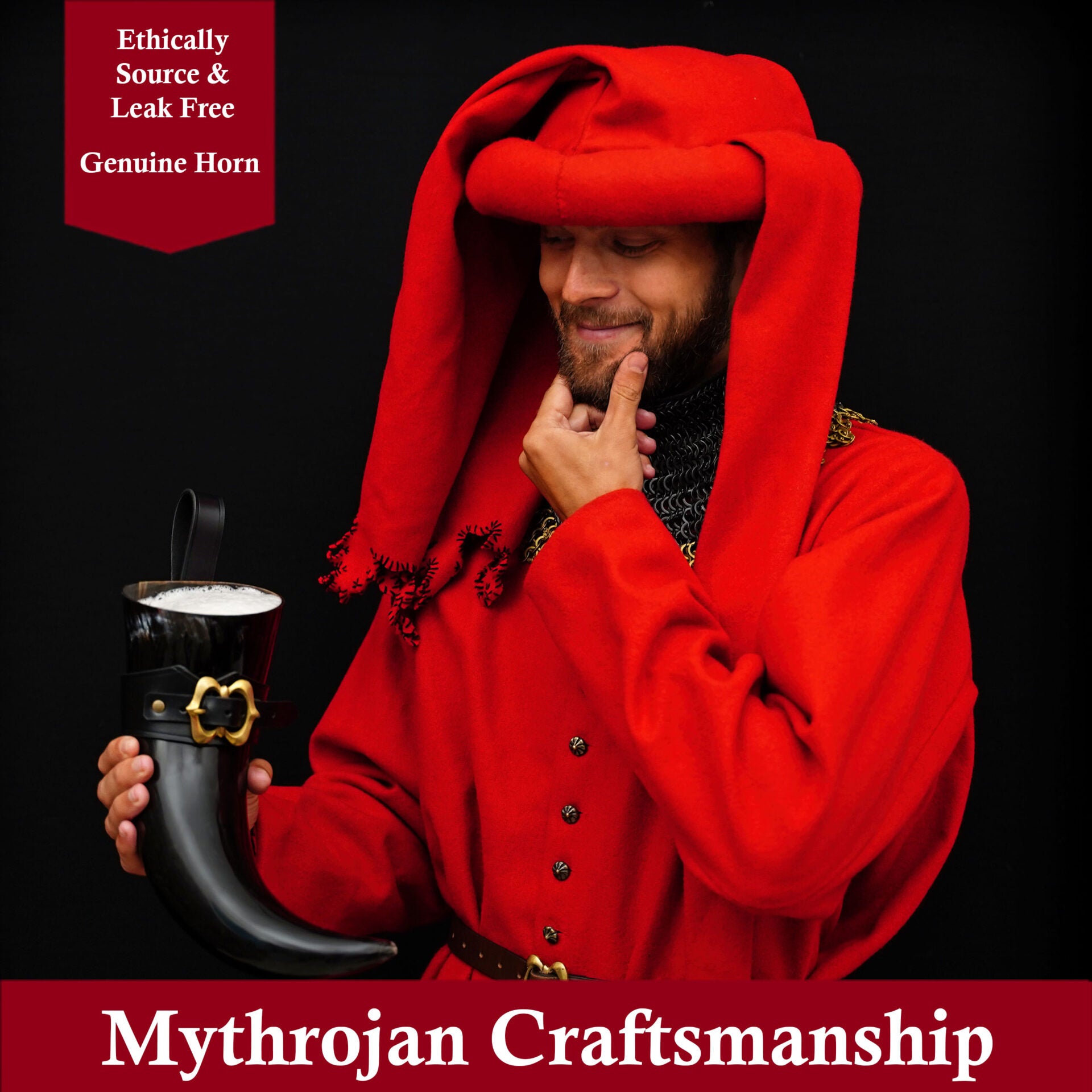 Mythrojan The Loyal Soldier - Vikingo Cuerno para Beber con Soporte de Cuero Negro Auténtica Jarra de Vino / Cabeza Vikinga de Inspiración Medieval - Acabado Pulido - 400ml - Imagen 5