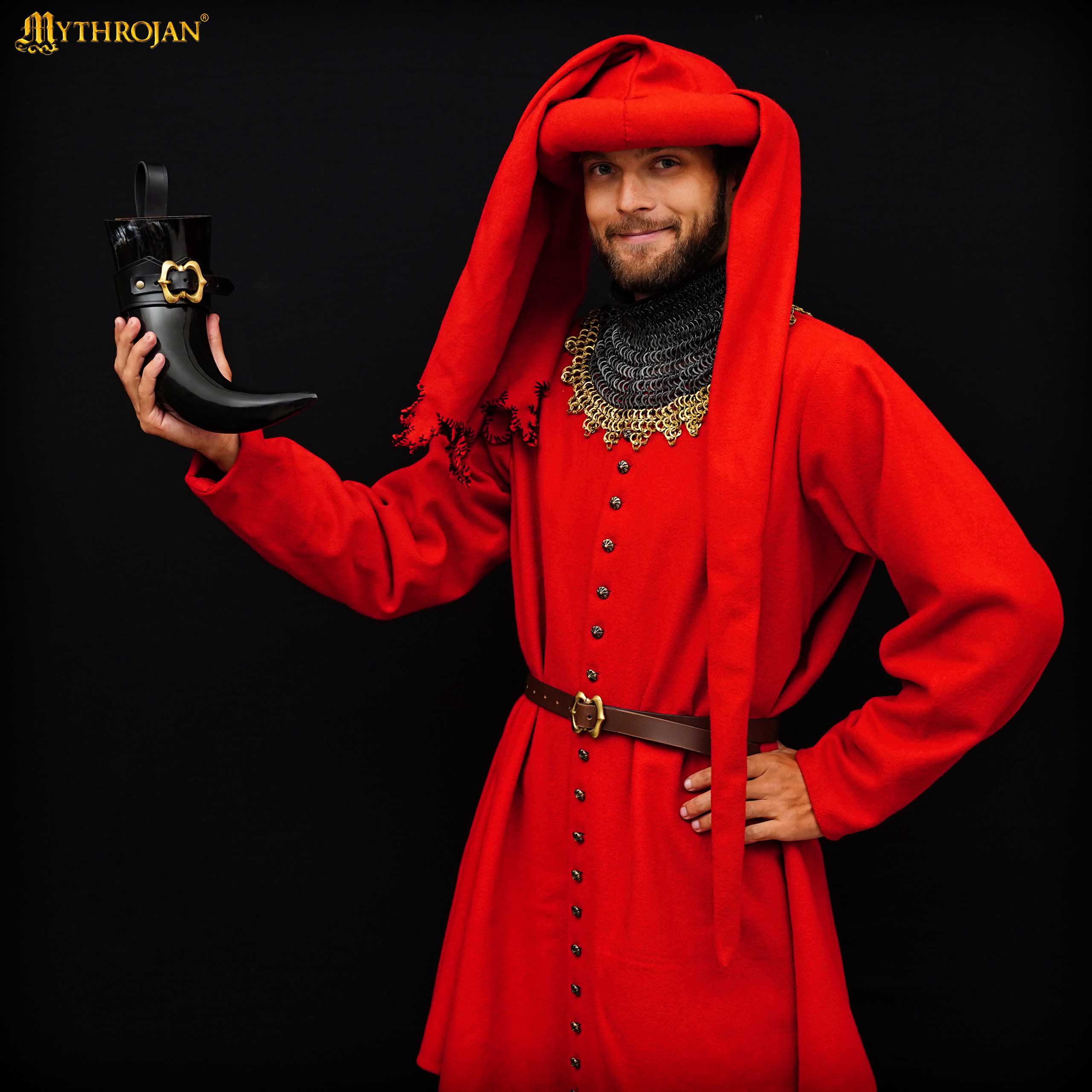 Mythrojan The Loyal Soldier - Vikingo Cuerno para Beber con Soporte de Cuero Negro Auténtica Jarra de Vino / Cabeza Vikinga de Inspiración Medieval - Acabado Pulido - 400ml - Imagen 6