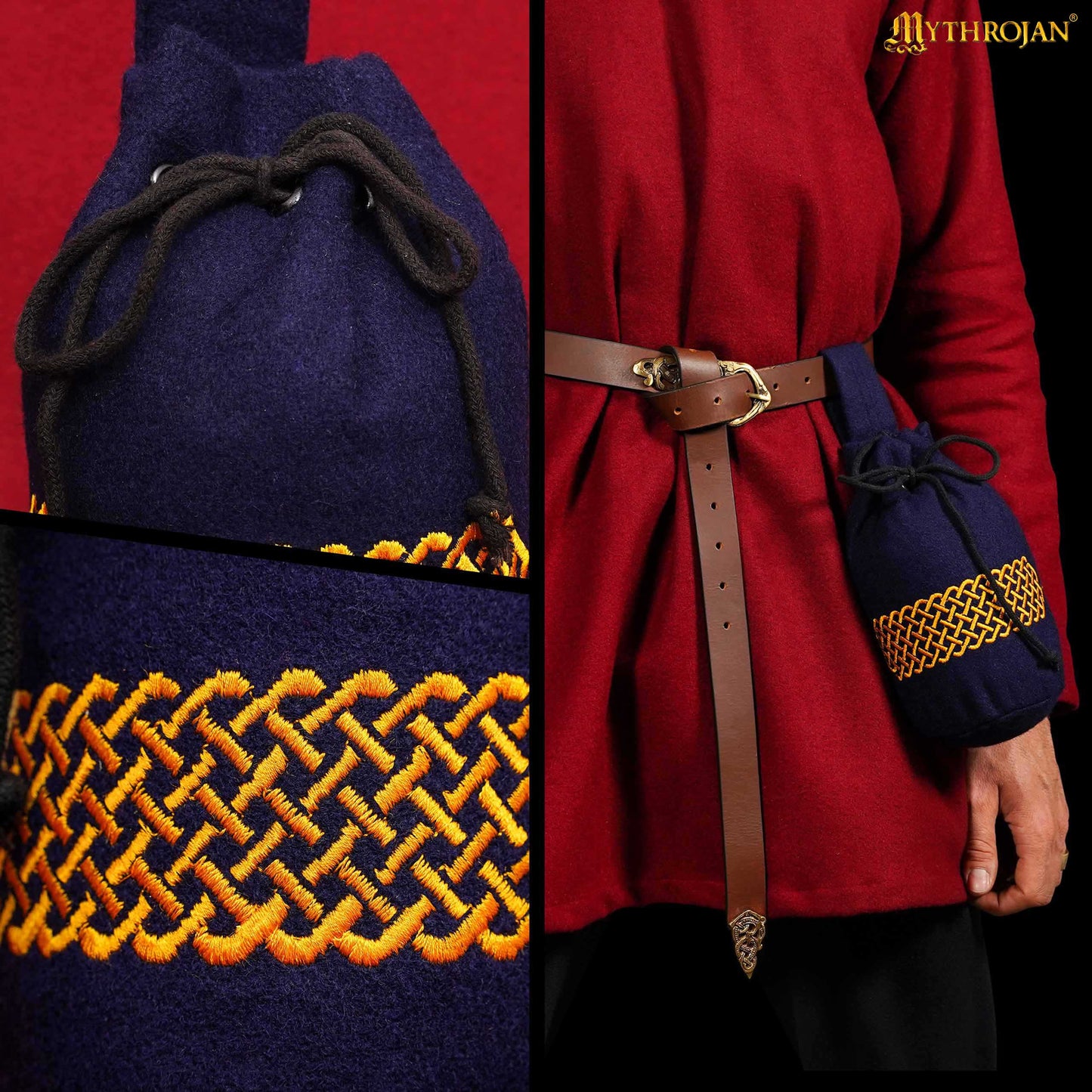 Mythrojan Bolsa de Lana Bordada con Cordón para Cinturón: Medieval Vikingo Celta Bolsa Accesorios de Disfraces Monedero, 8" × 6.5 - Imagen 6
