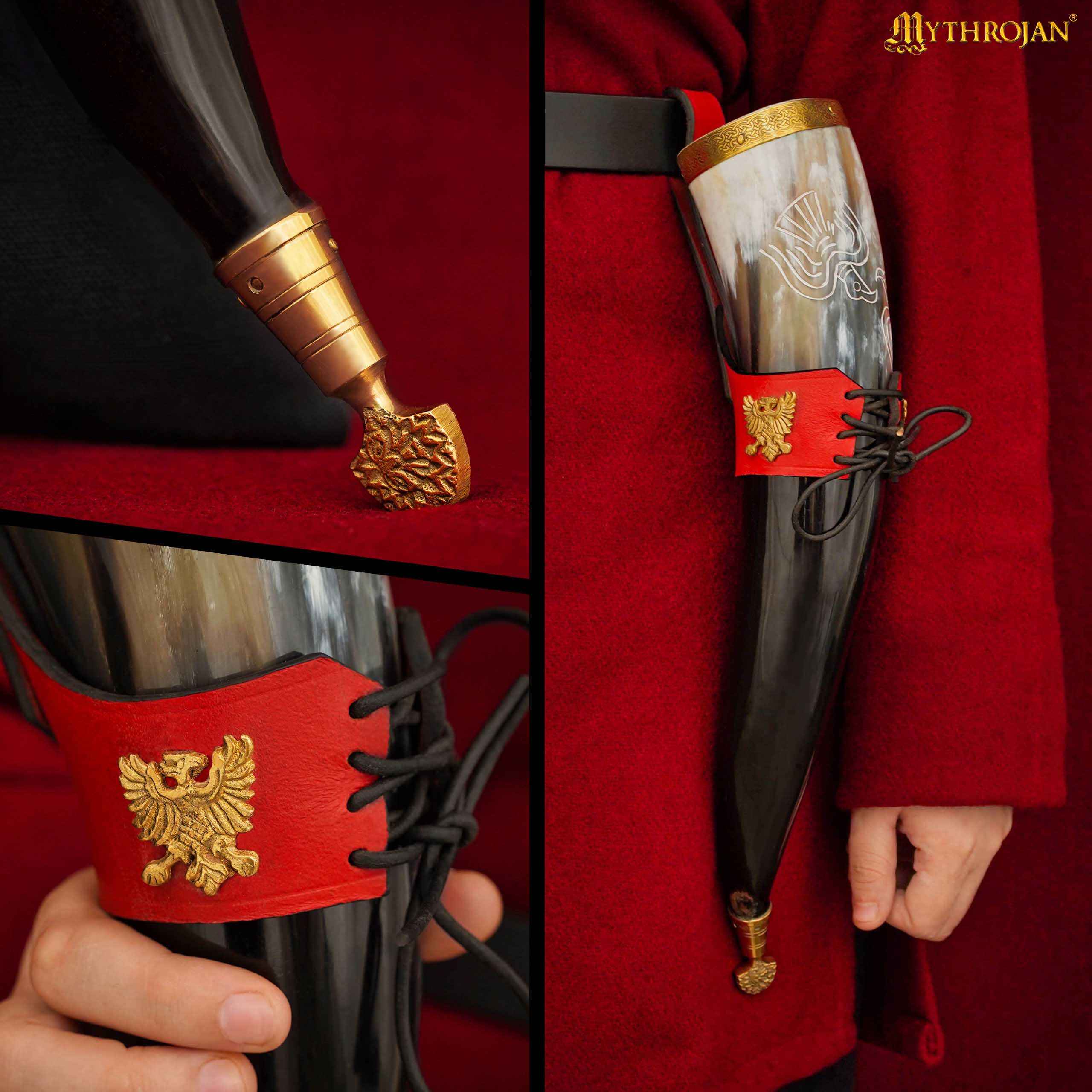 Mythrojan The Bird Of Prey Viking Drinking Horn 350 Ml con Soporte de Cuero Rojo Auténtica Jarra de Vino/cerveza Vikinga de Inspiración Medieval - Acabado Pulido - Imagen 6
