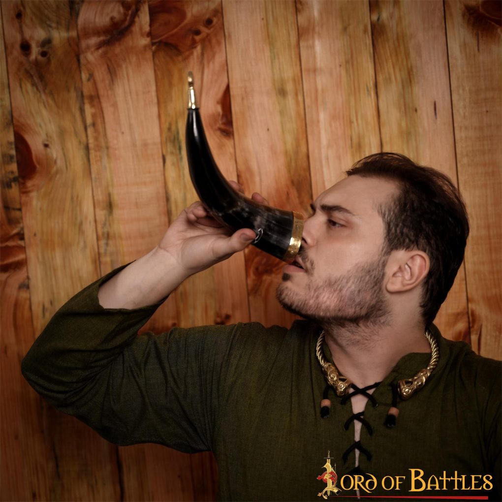 Cuerno Medieval para Beber 300-350 Ml con Accesorios de Latón Macizo Puro Cuerno de Buey Auténtico - Imagen 8