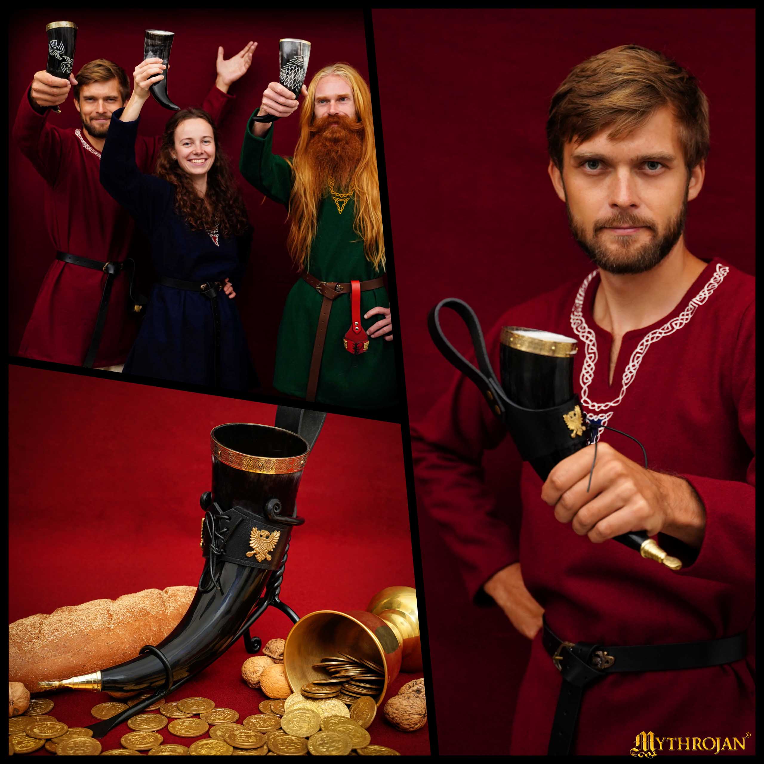 Mythrojan The Bird Of Prey Viking Drinking Horn 350 Ml con Soporte de Cuero Negro Auténtica Jarra de Vino/cerveza Vikinga de Inspiración Medieval - Acabado Pulido - Imagen 6